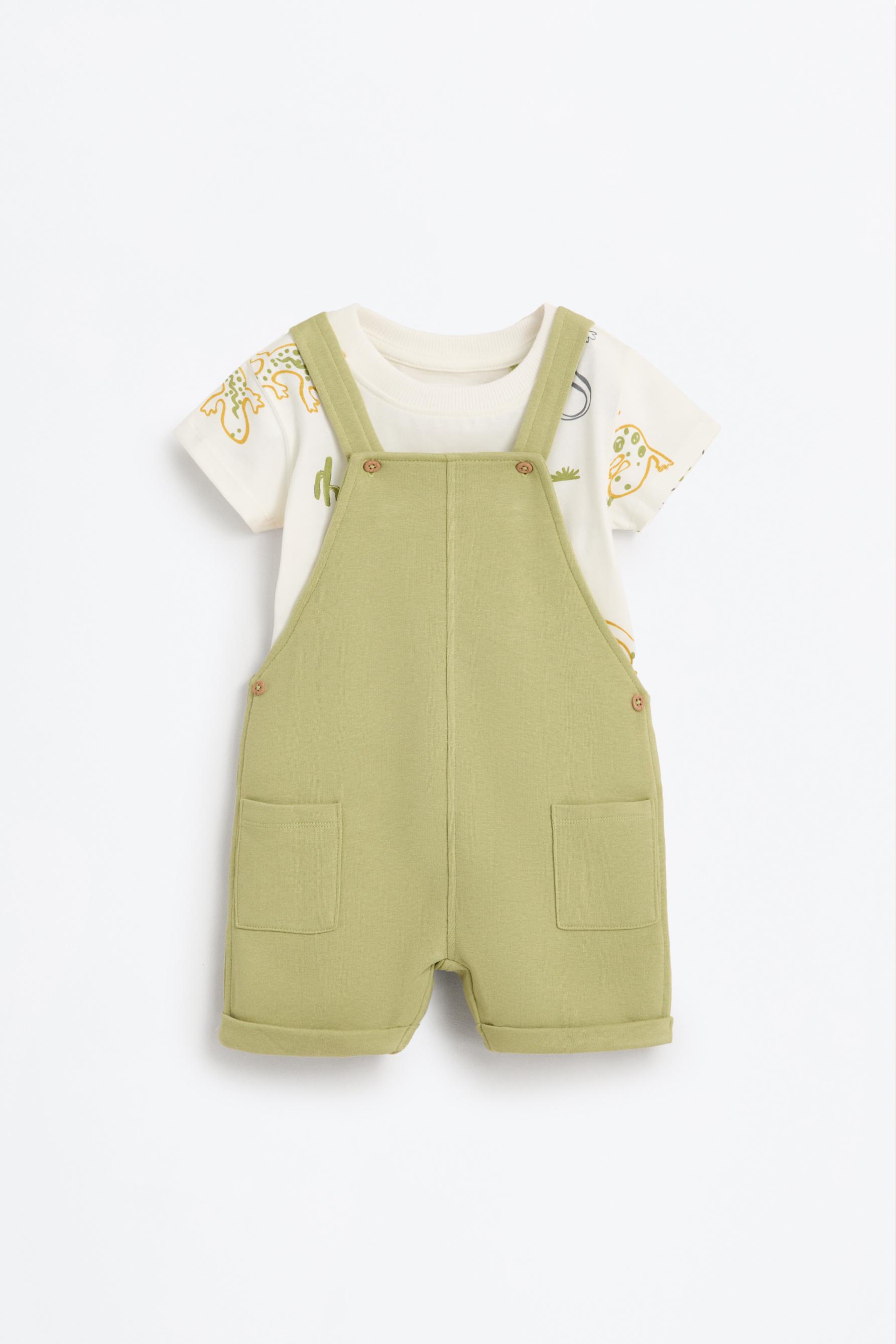 Plush dungarees and T-shirt set — OLIVE GREEN