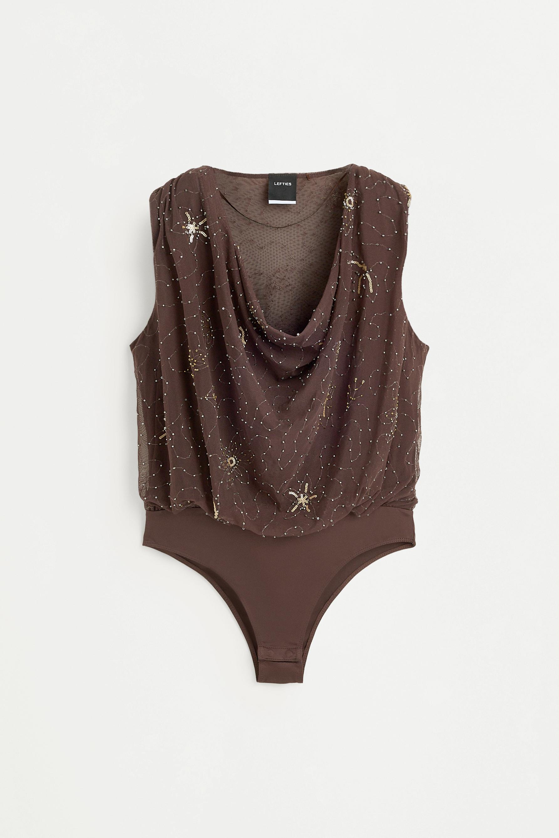Rhinestone embroidered bodysuit — BROWN