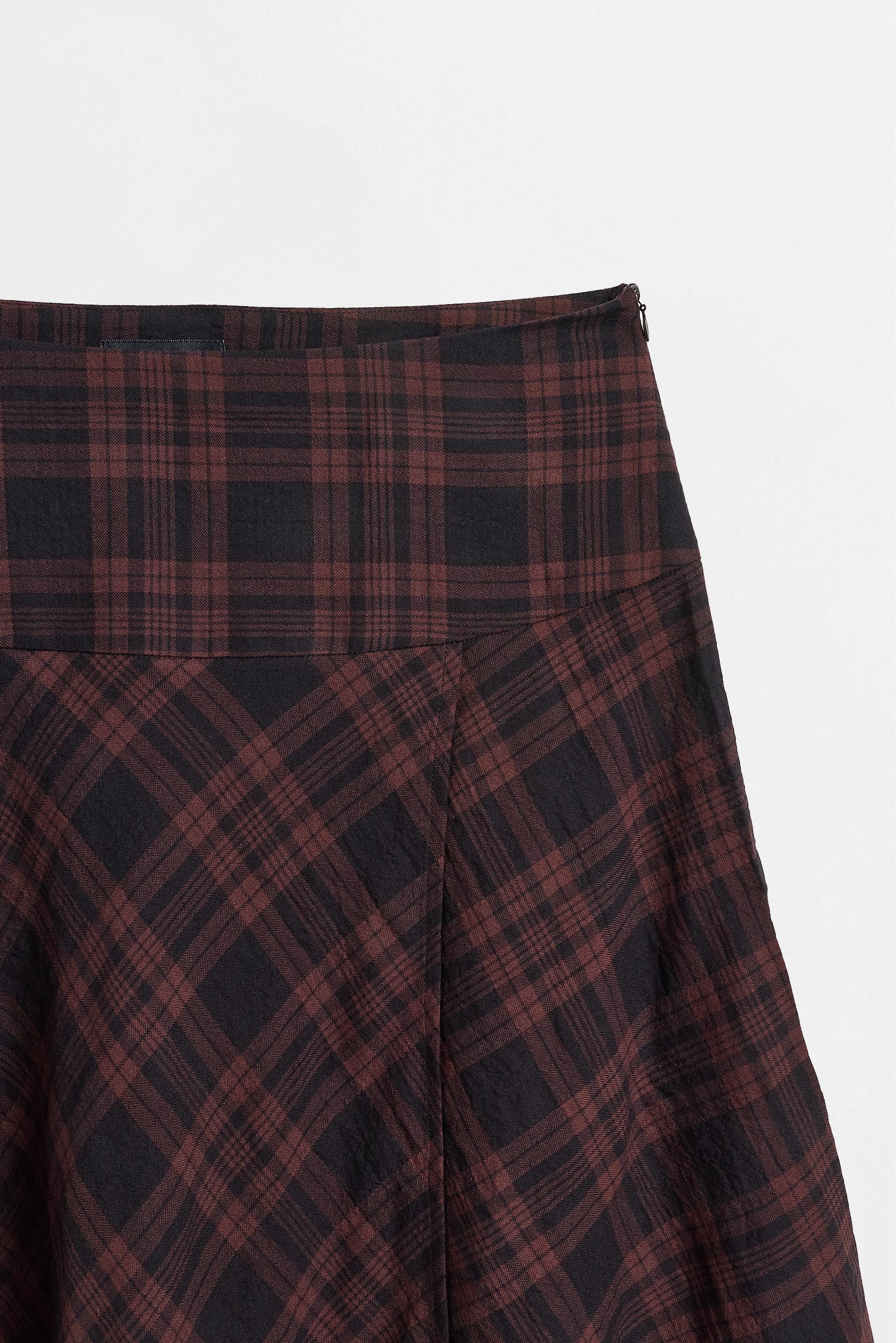 Asymmetric plaid midi skirt — BLACK-BROWN