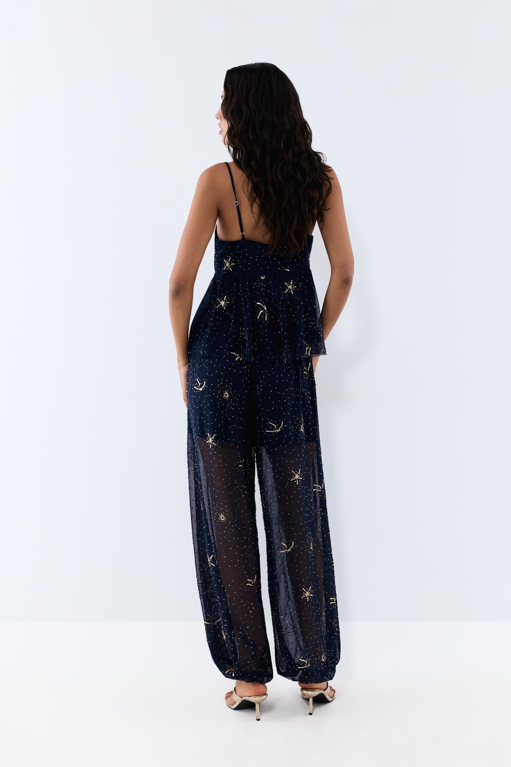 Rhinestone embroidered sarouel trousers — DARK NAVY