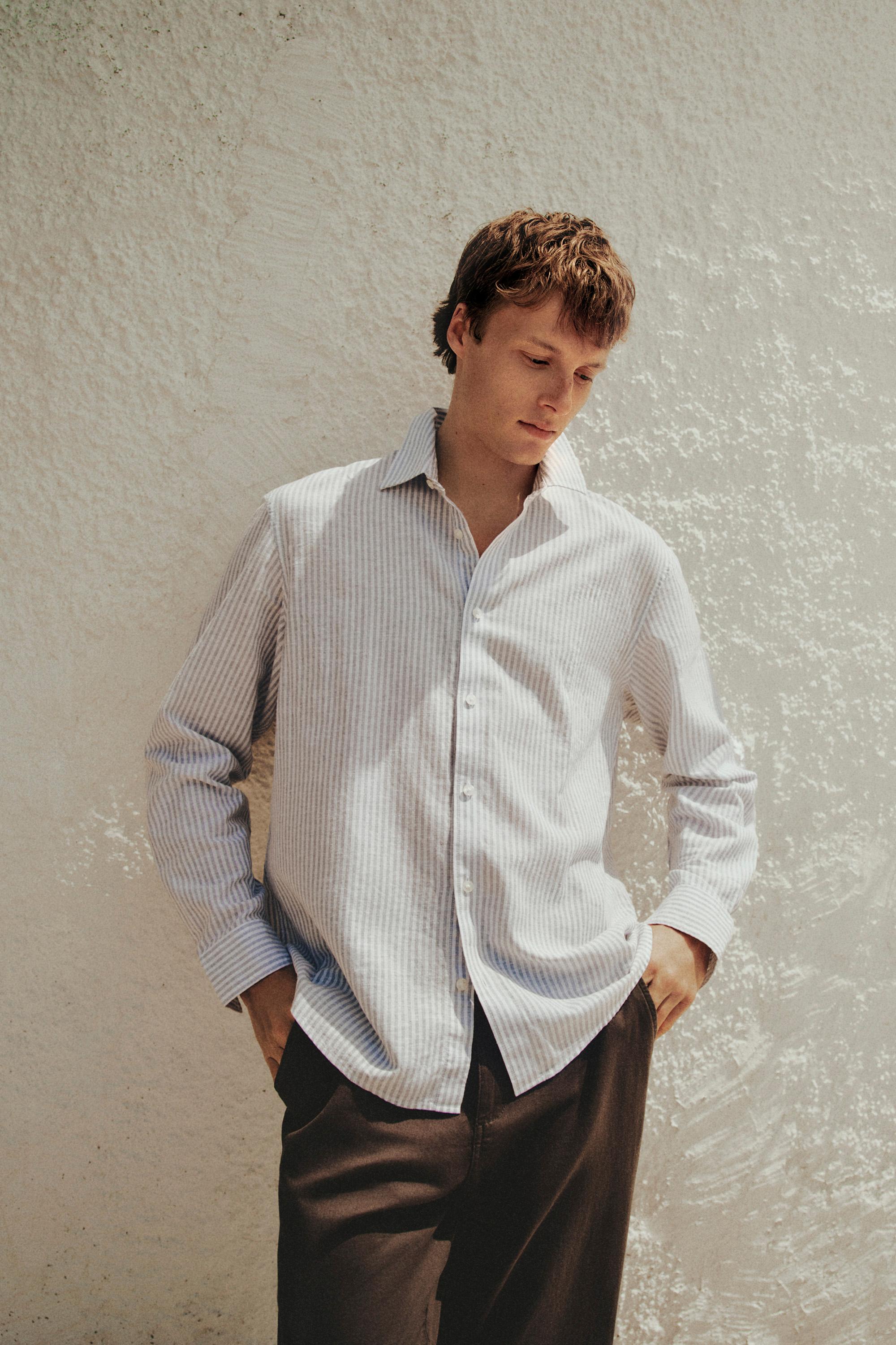 Cotton-linen striped shirt — SKY BLUE
