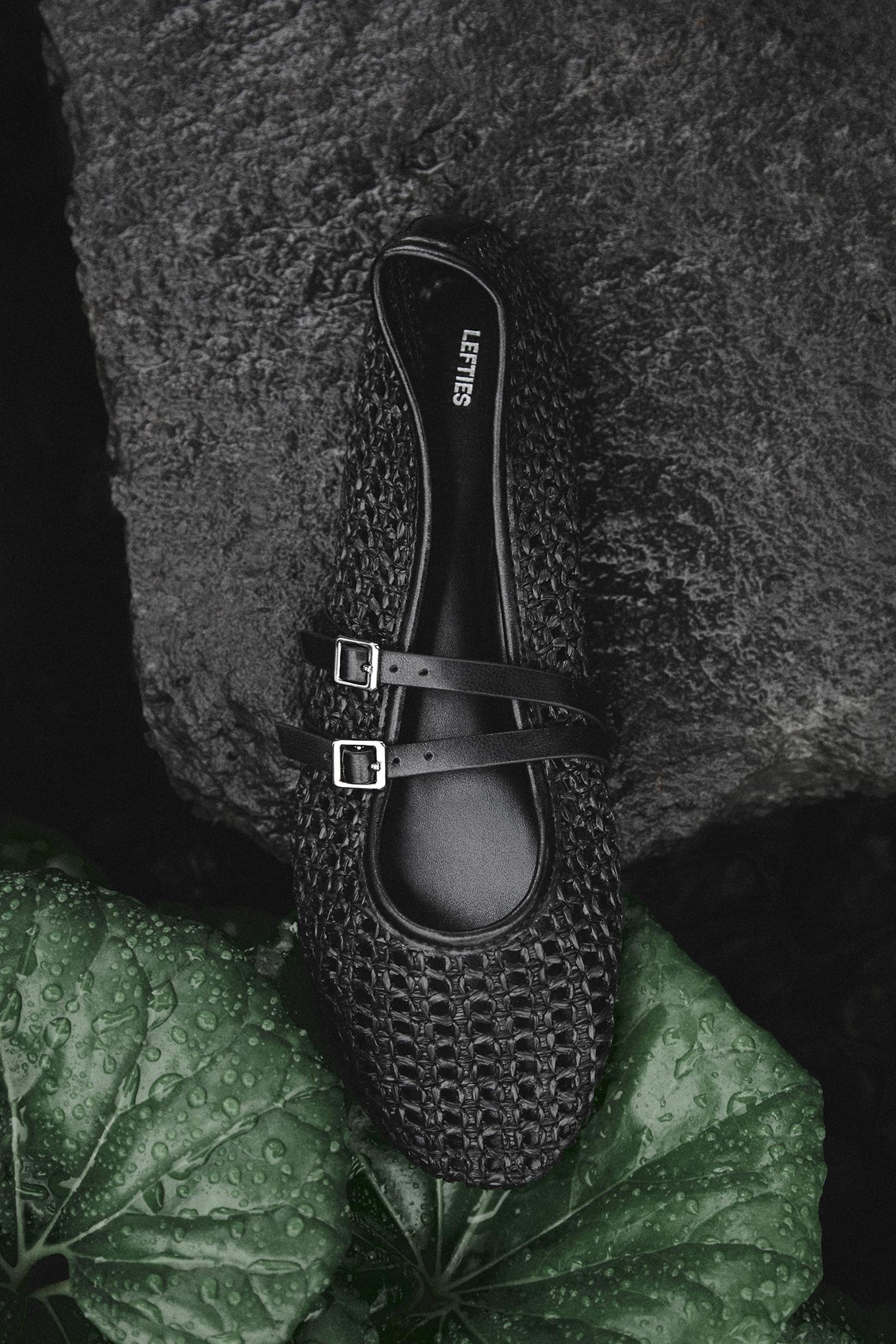 Double strap raffia effect ballet flats — BLACK