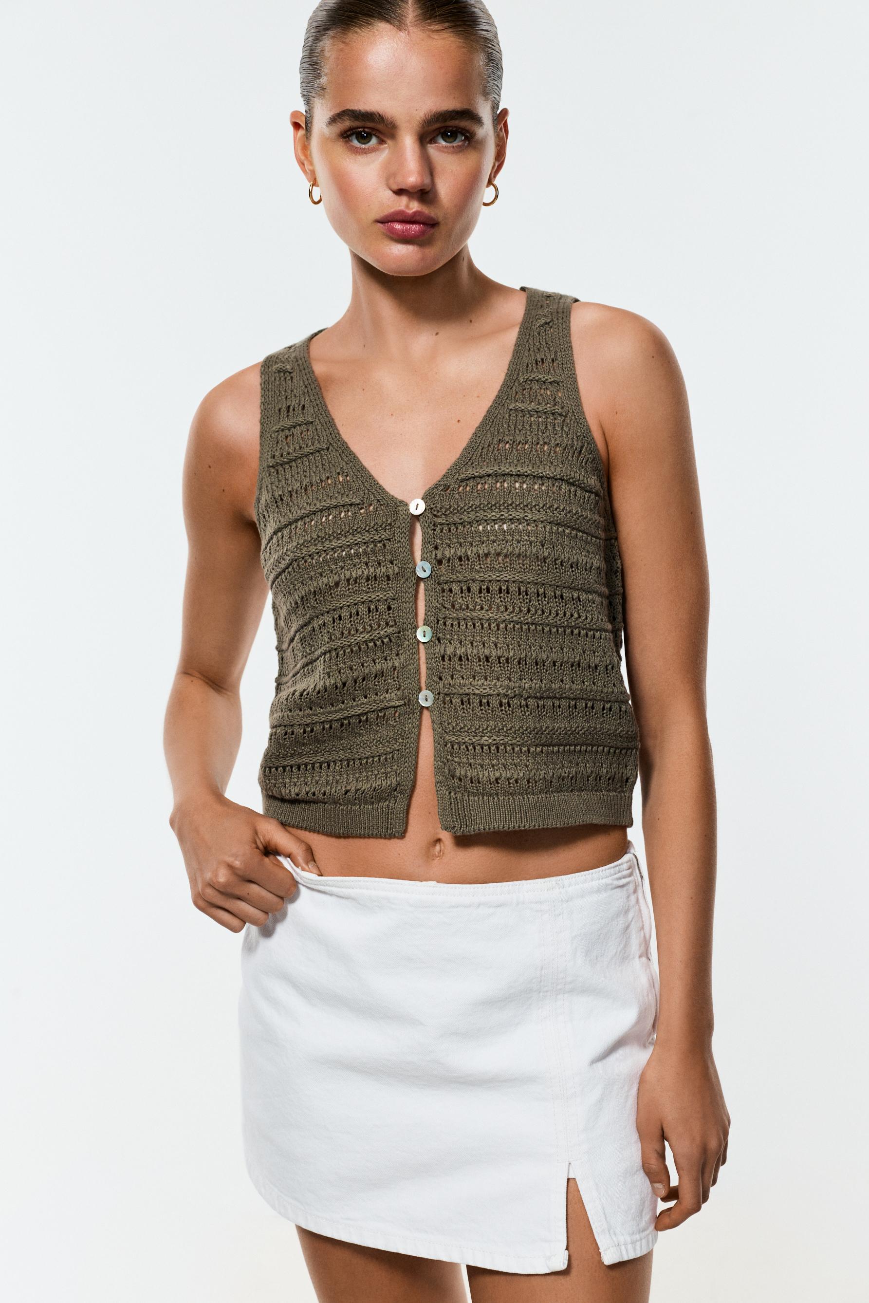 Cutwork knit top — KHAKI