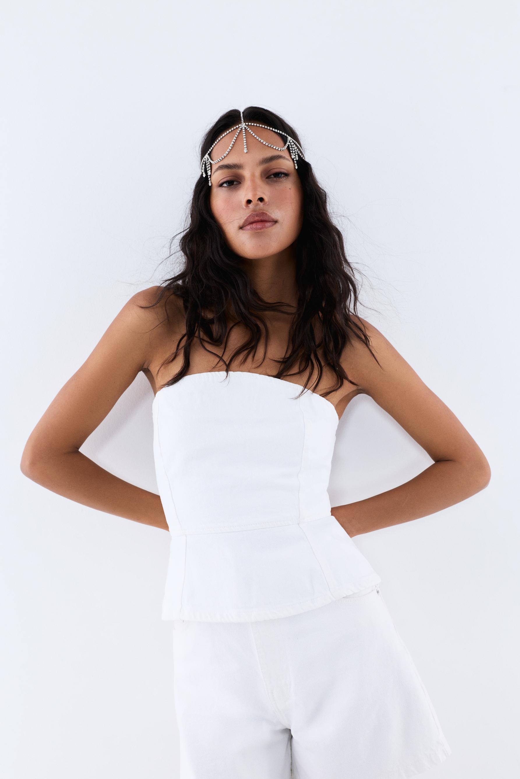 Denim peplum bandeau top — WHITE