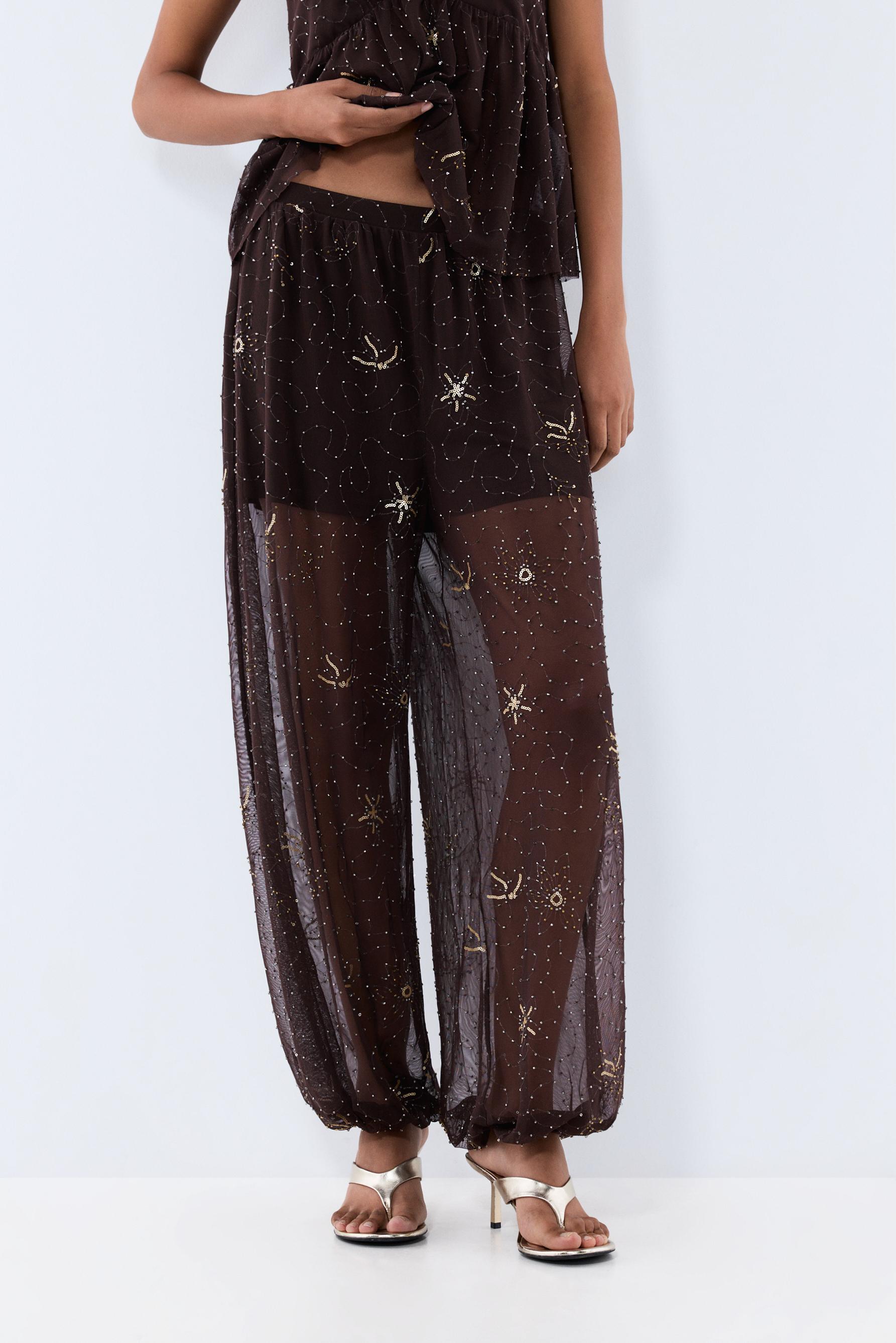 Rhinestone embroidered sarouel trousers — BROWN