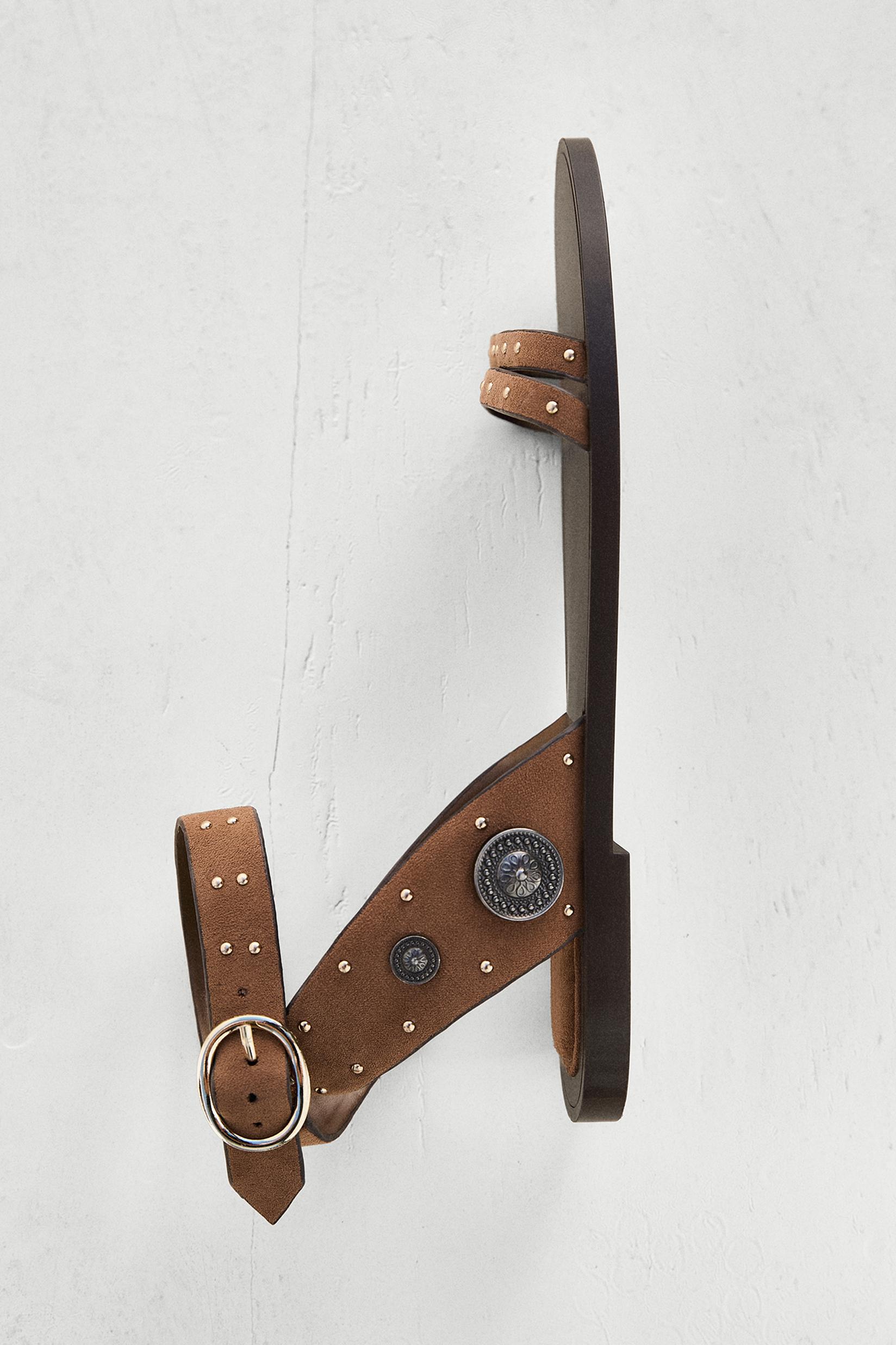 Studded flat slider sandals — LEATHER