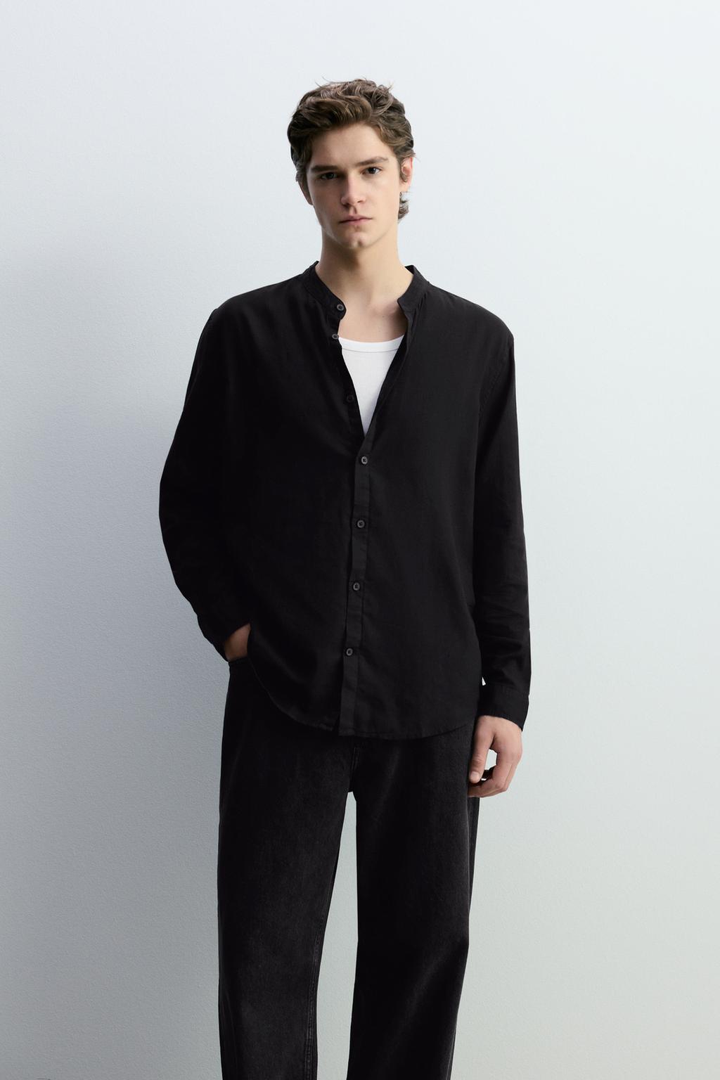 Linen-cotton stand collar shirt