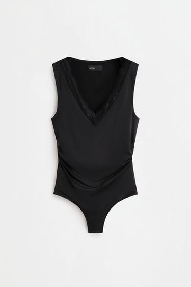 Lace V-neck bodysuit — BLACK 6