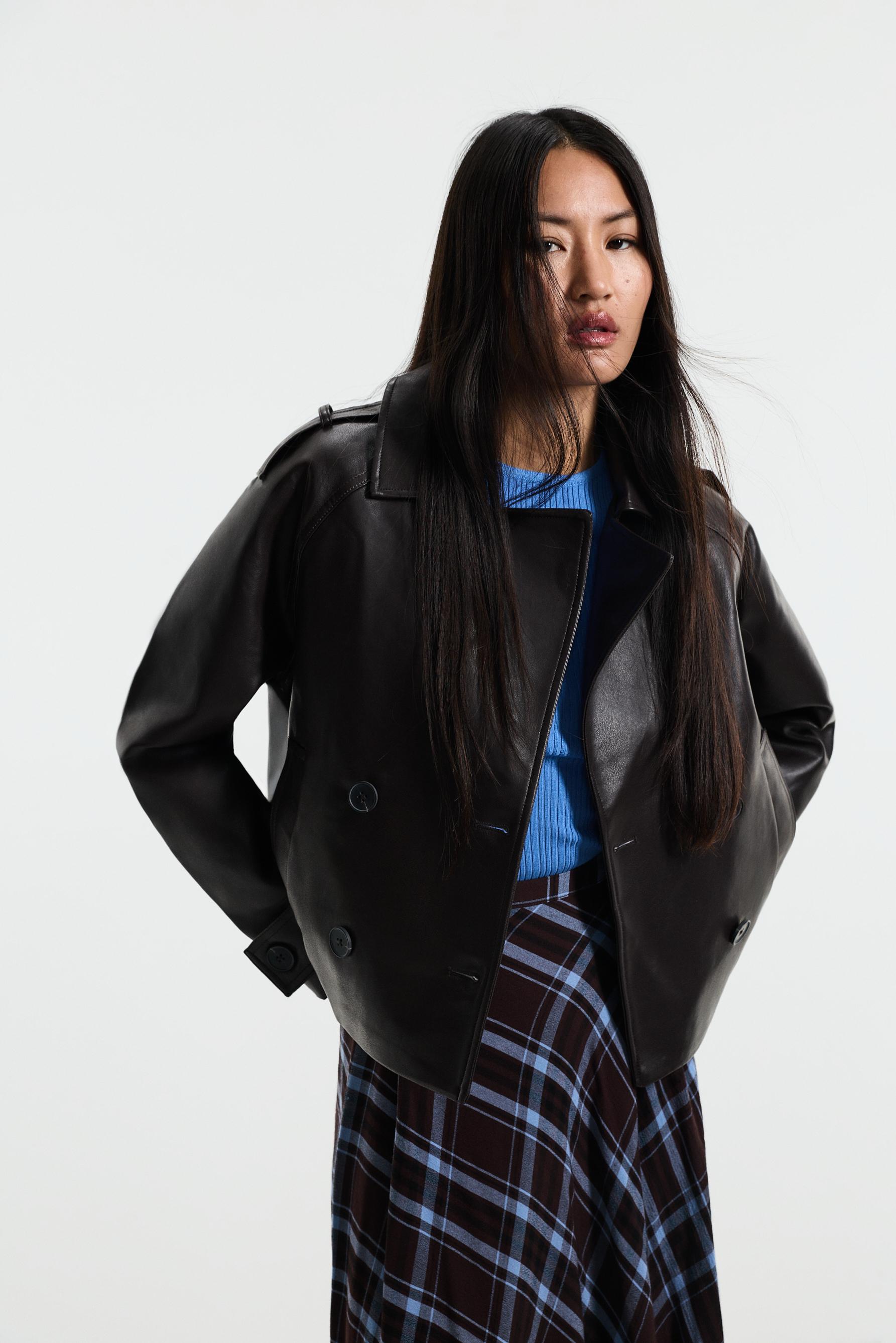 Leather effect short trench coat — DARK BROWN