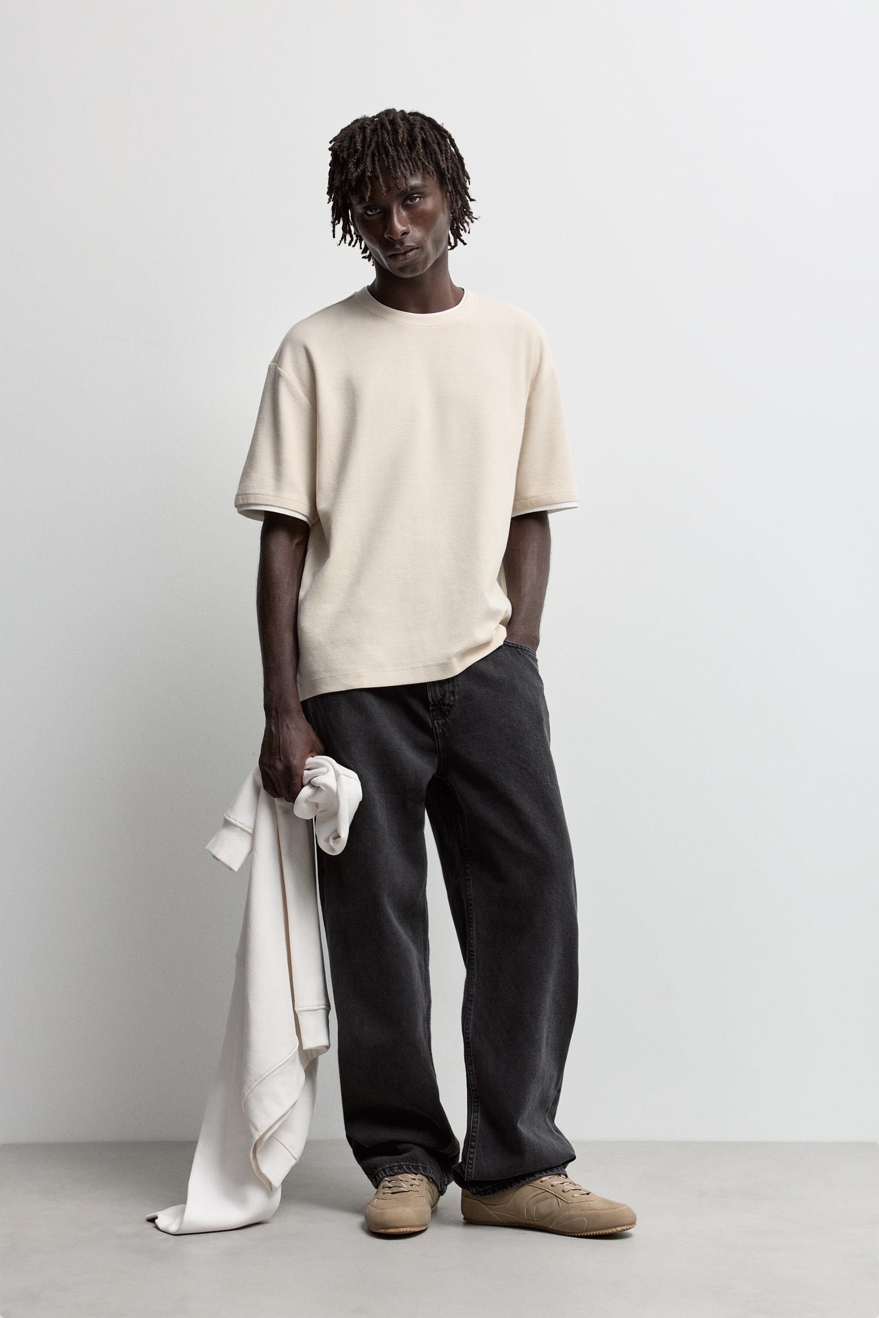 Textured T-shirt with double collar — SAND