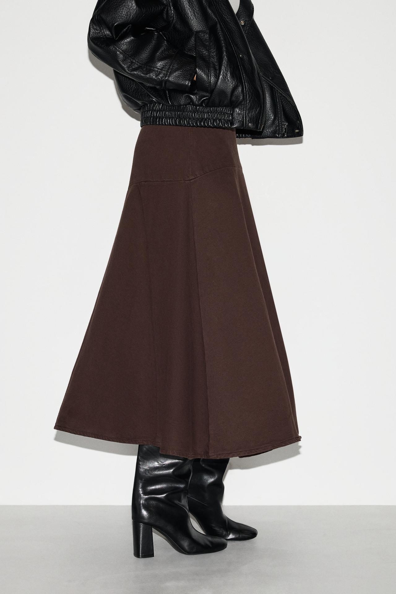 A-line midi denim skirt — BROWN MARL