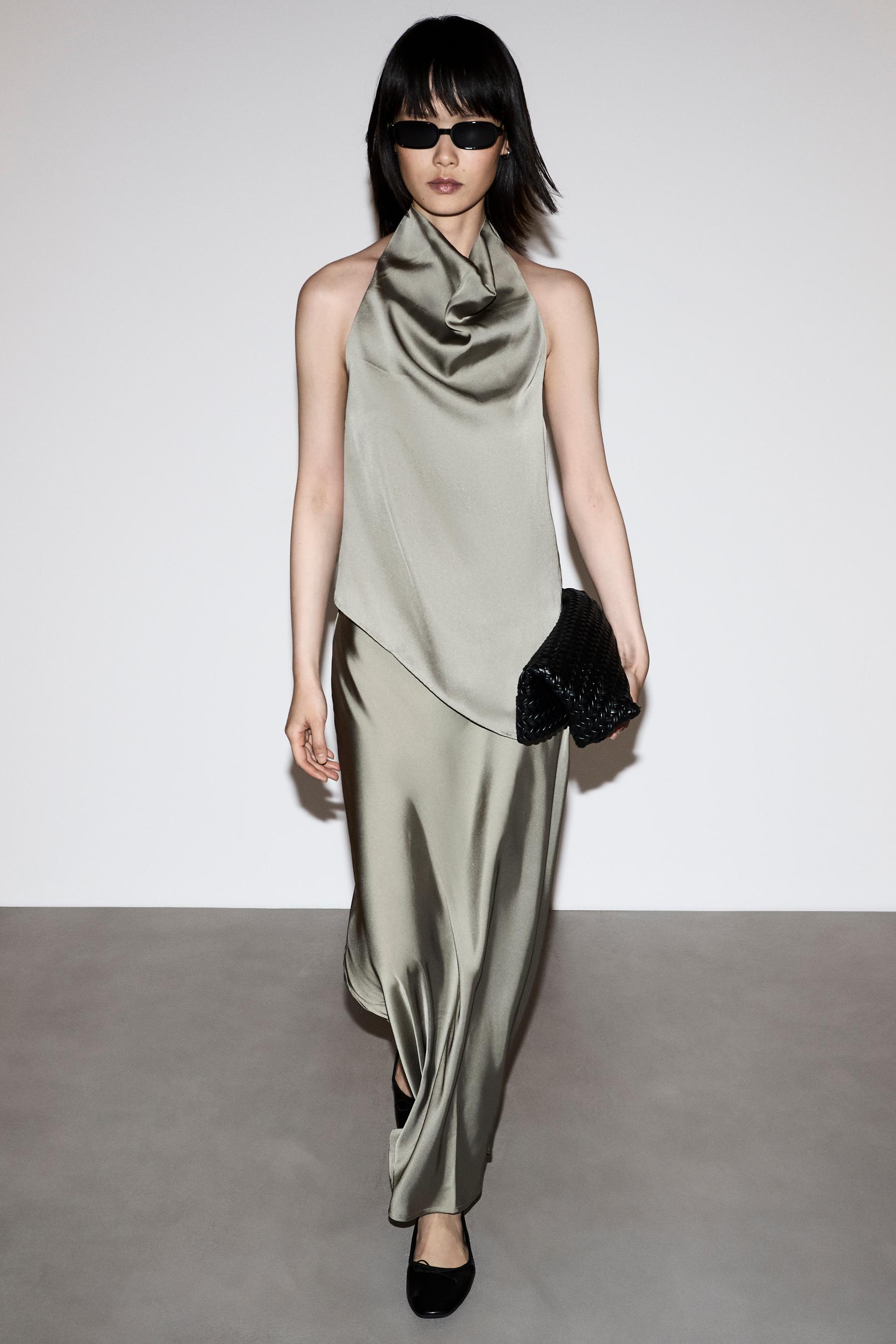 Satin midi skirt — KHAKI