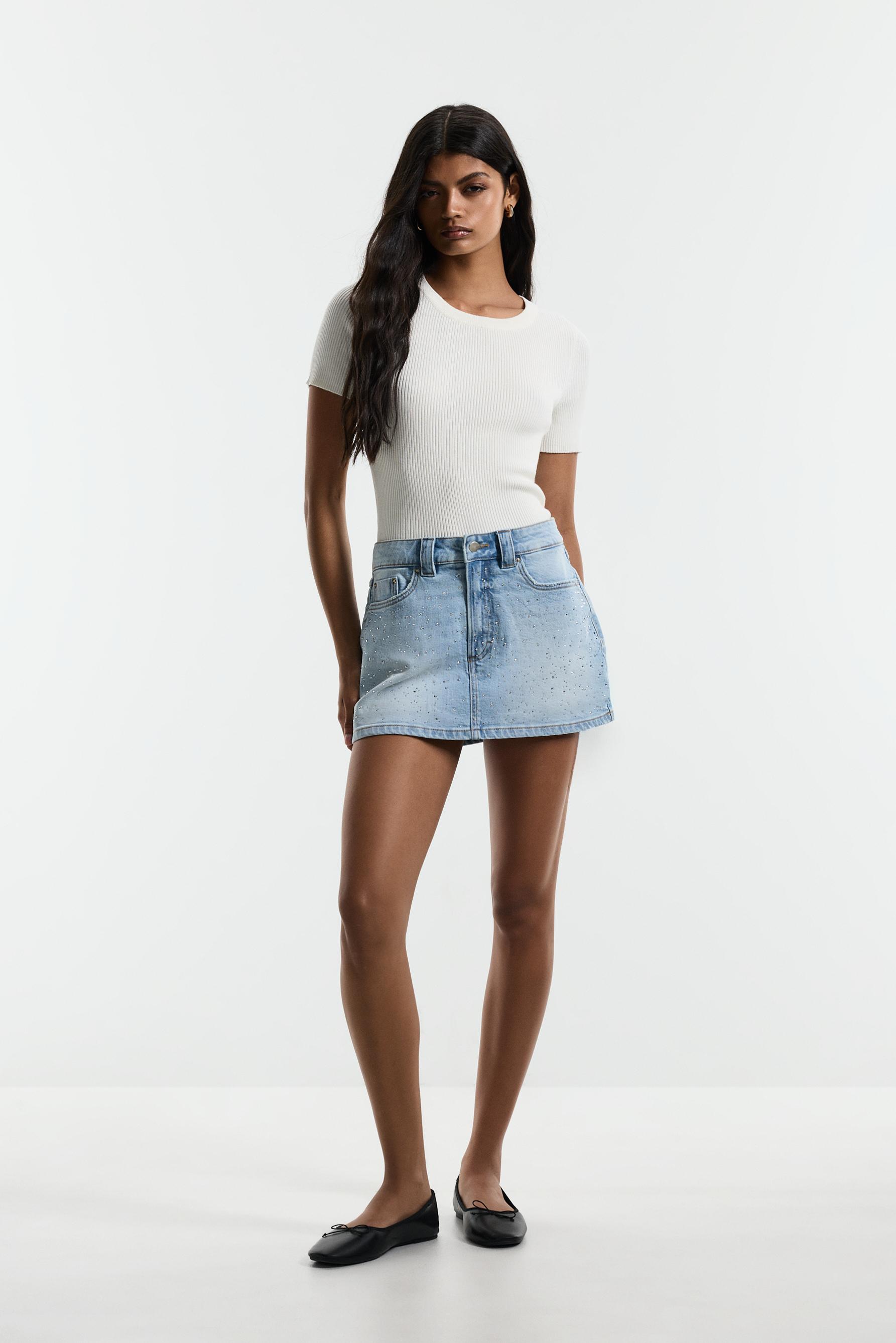 Rhinestone denim skort — FADED NAVY