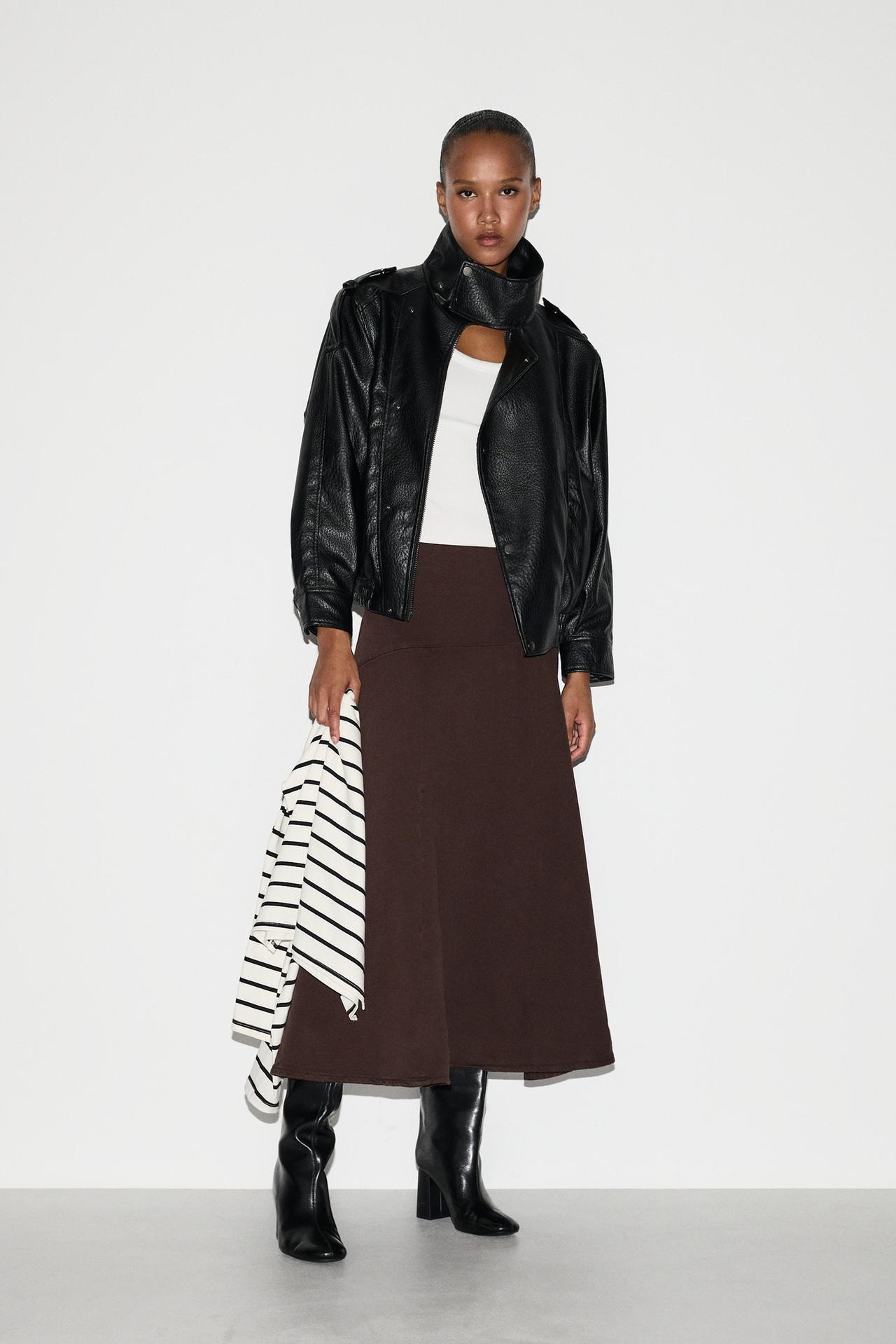 A-line midi denim skirt — BROWN MARL