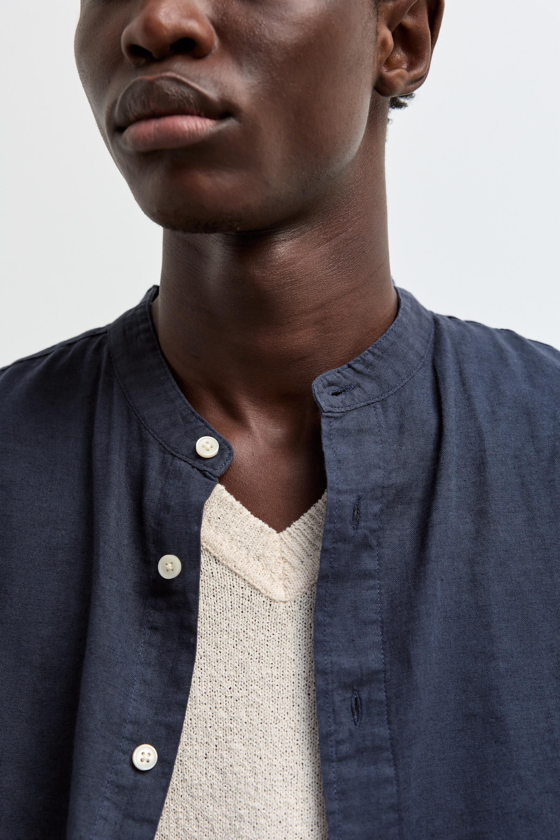 Linen-cotton stand collar shirt — NAVY