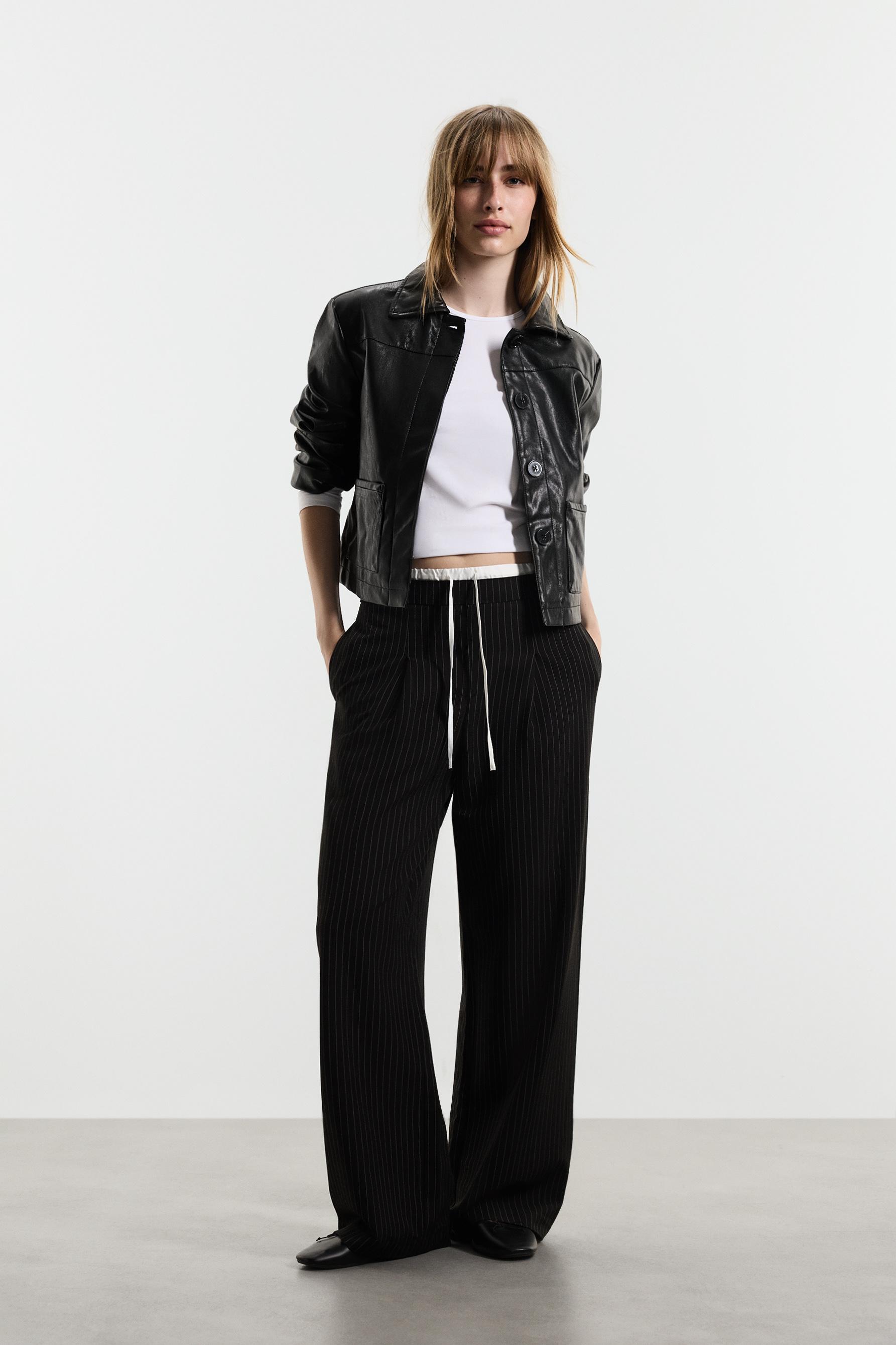 Striped contrast waistband trousers — BLACK