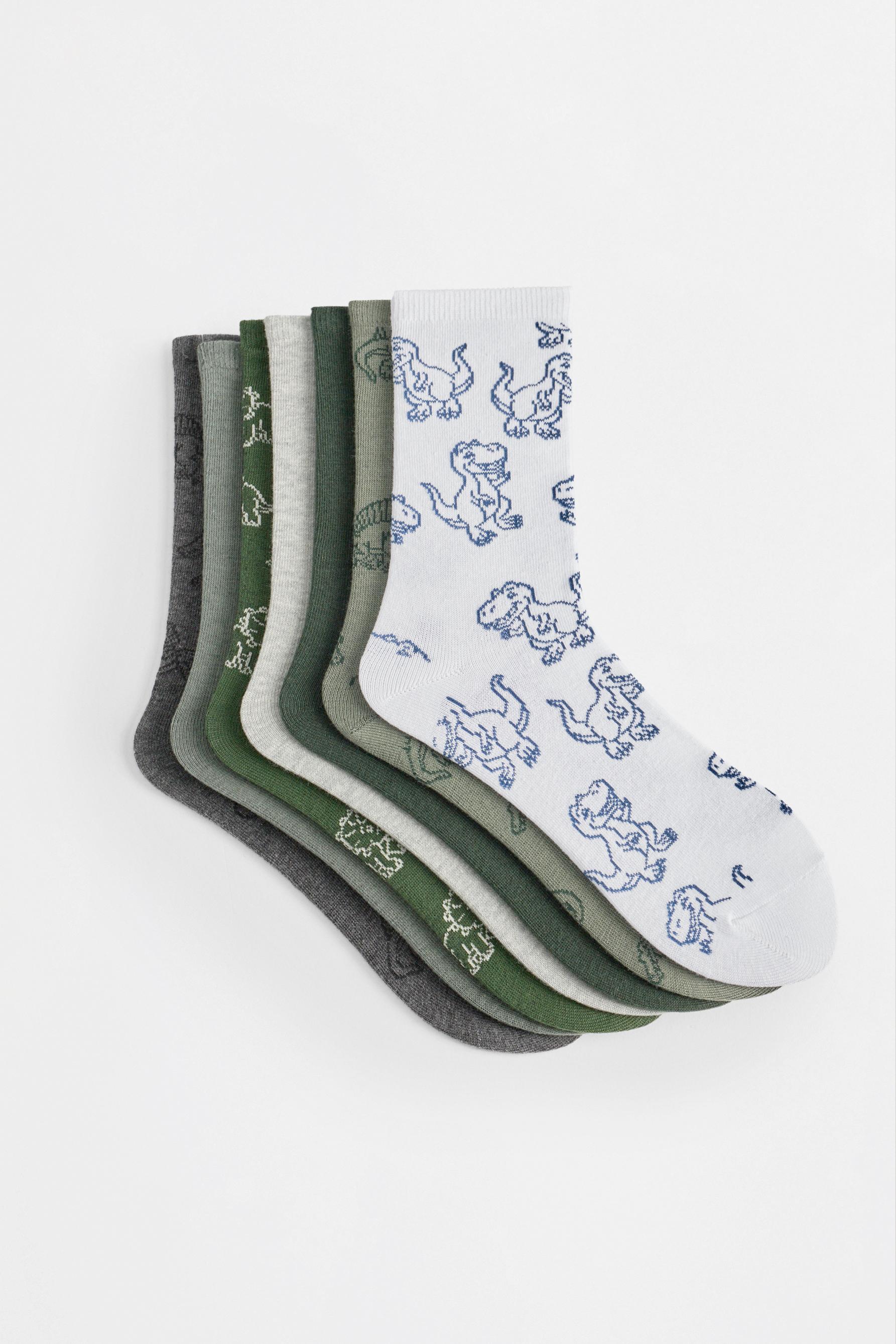 Dinosaur long socks (7-pack) — GREEN TONES