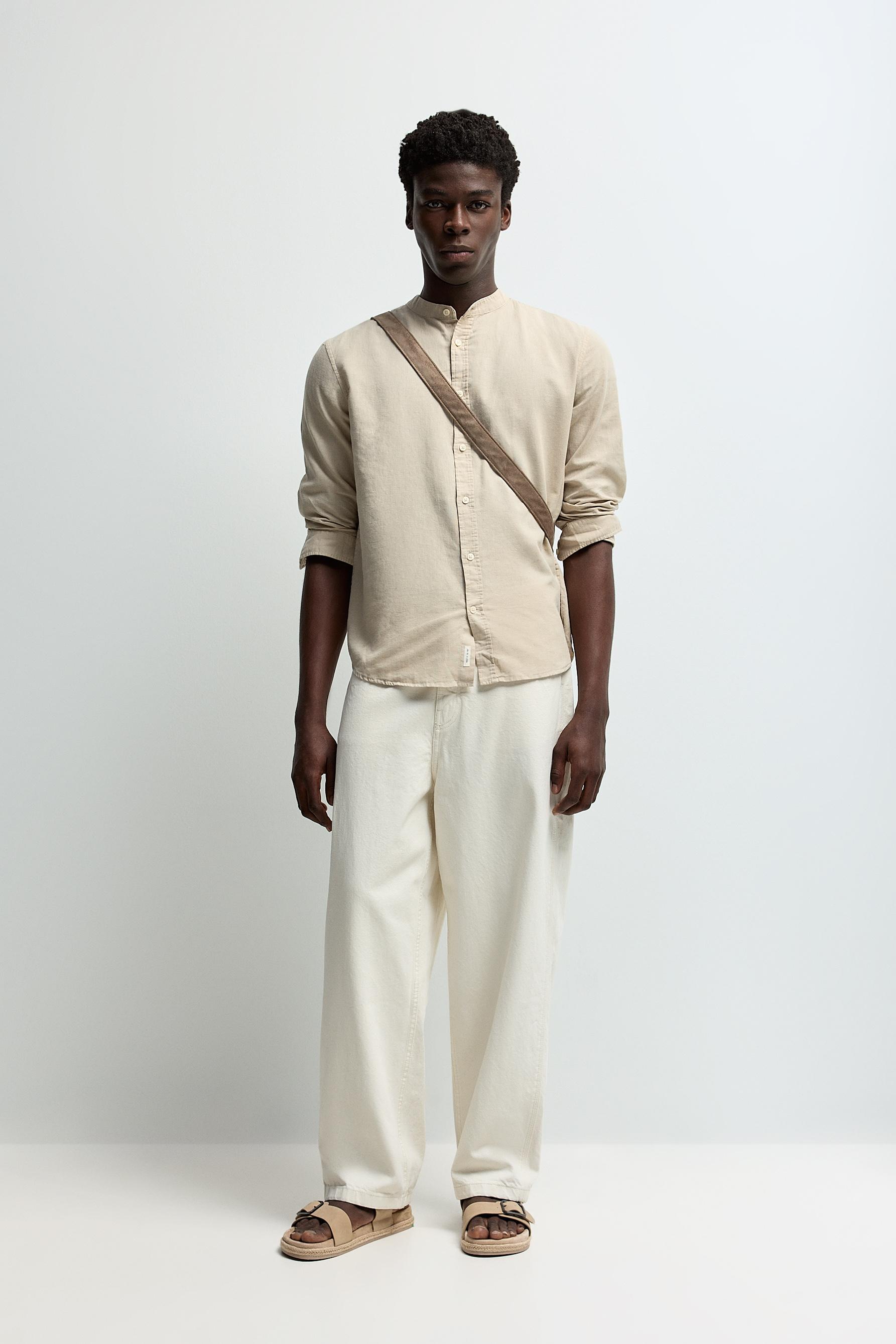 Linen and cotton stand collar shirt — BEIGE
