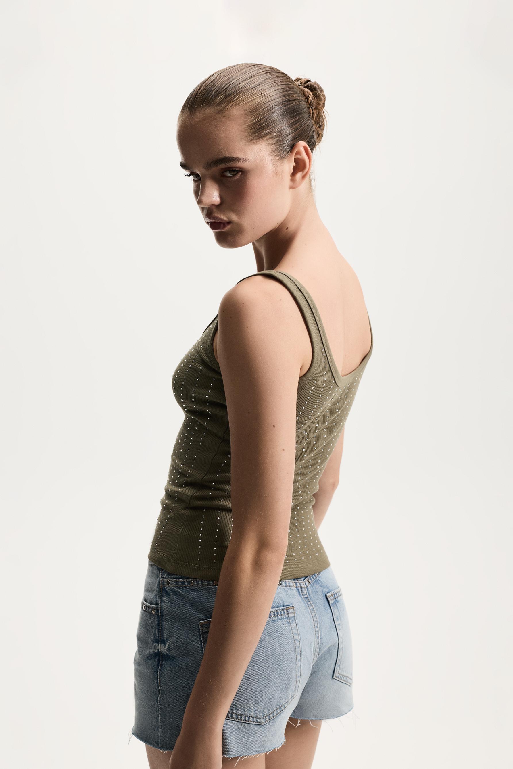 Ribbed rhinestone T-shirt — KHAKI