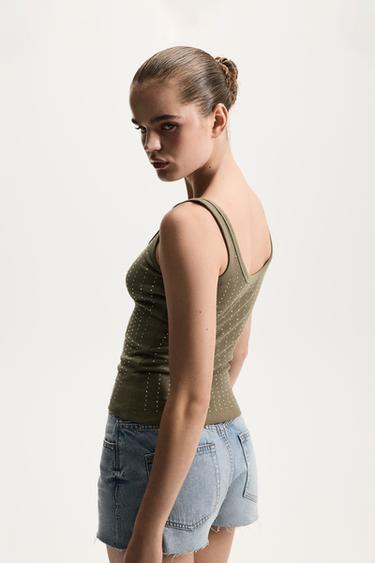 Ribbed rhinestone T-shirt — KHAKI 4