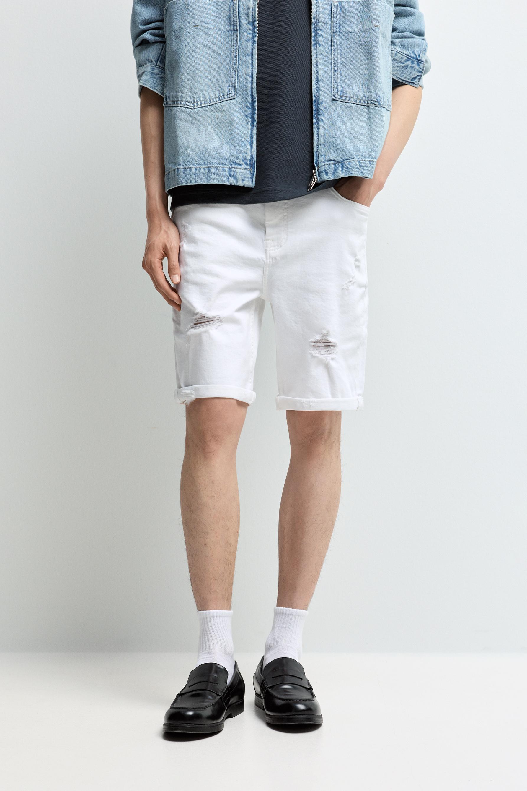 Distressed skinny denim Bermuda shorts — WHITE