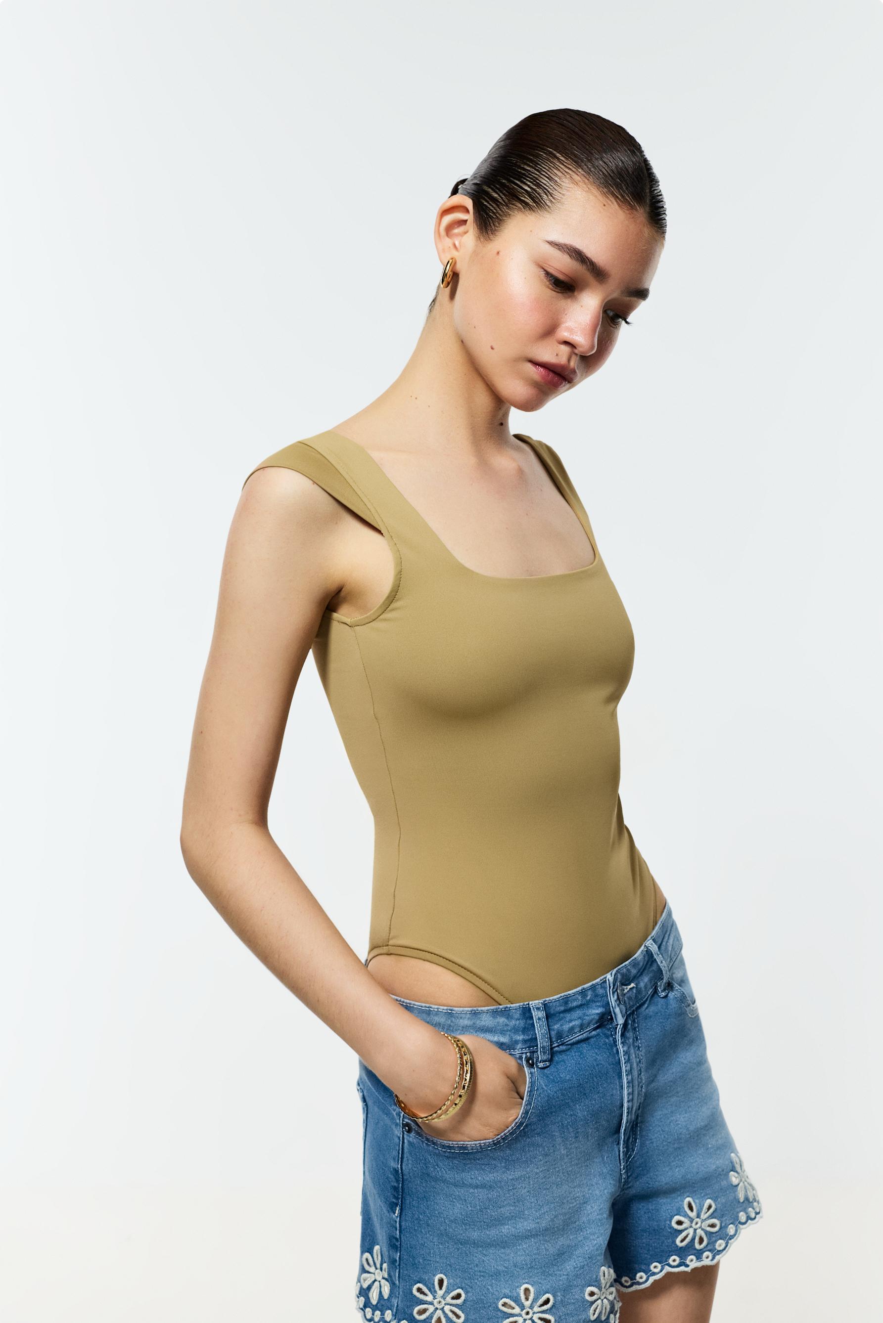 Short sleeve polyamide bodysuit — BEIGE