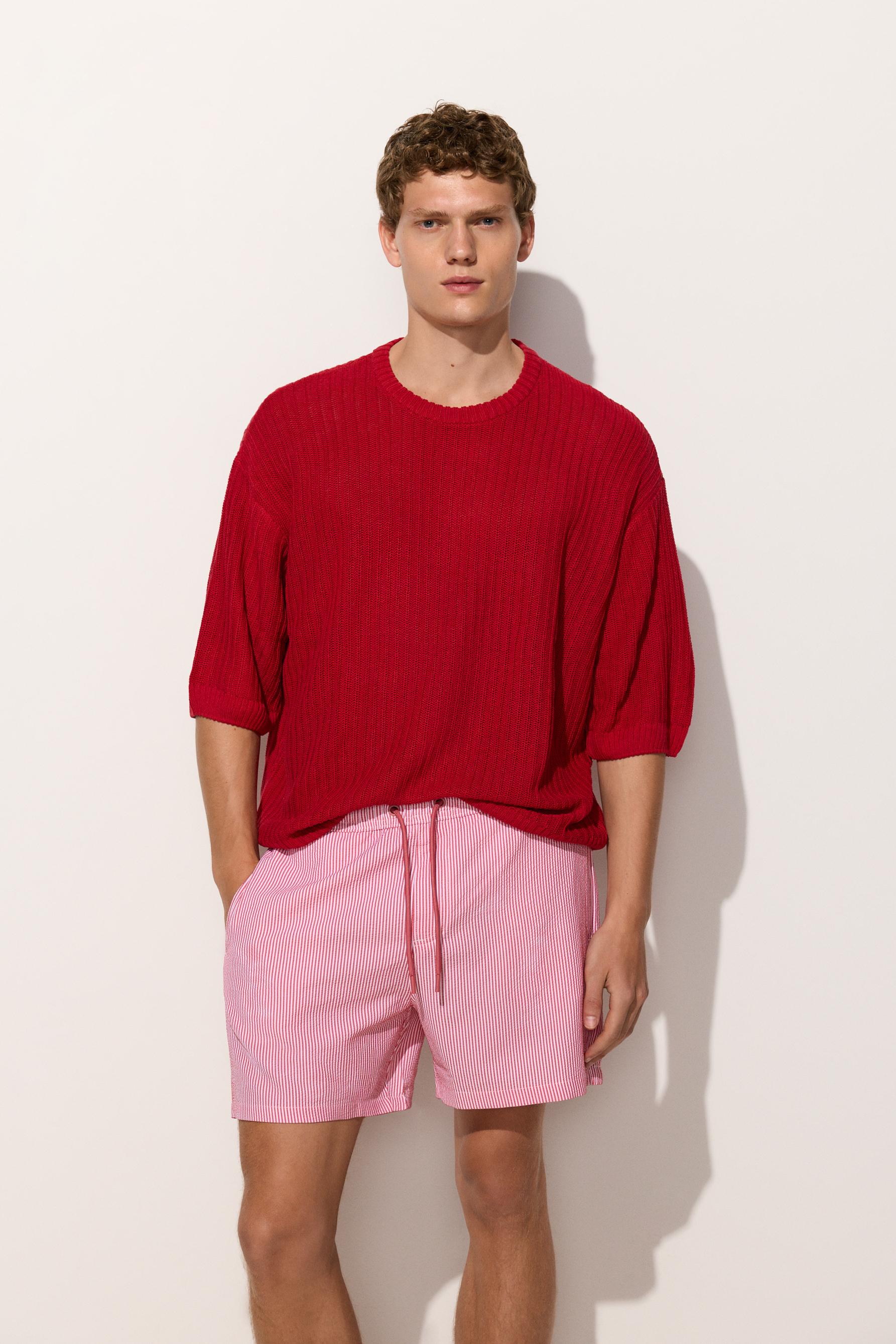 Oversize linen blend knit T-shirt — RED