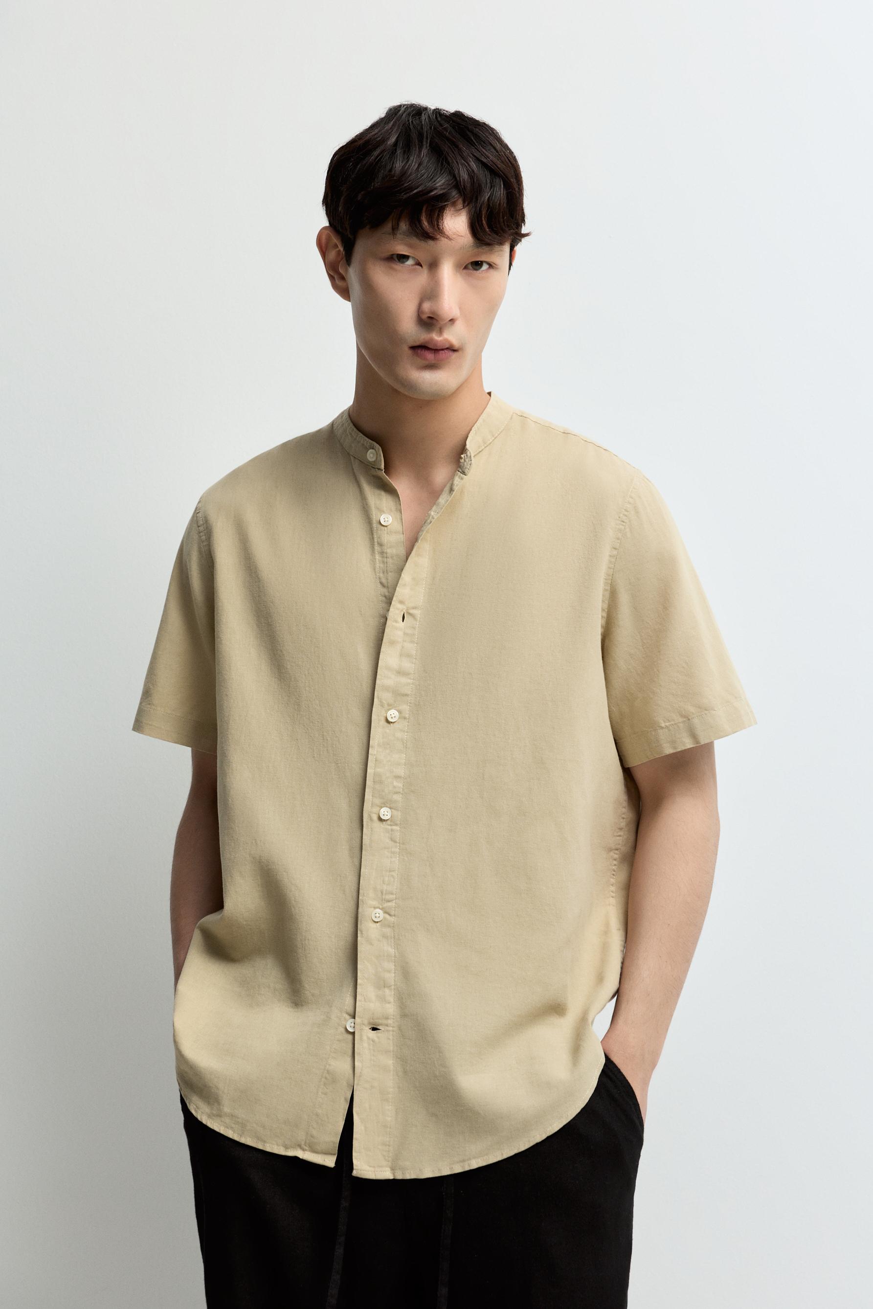 Linen-cotton stand collar shirt — YELLOW