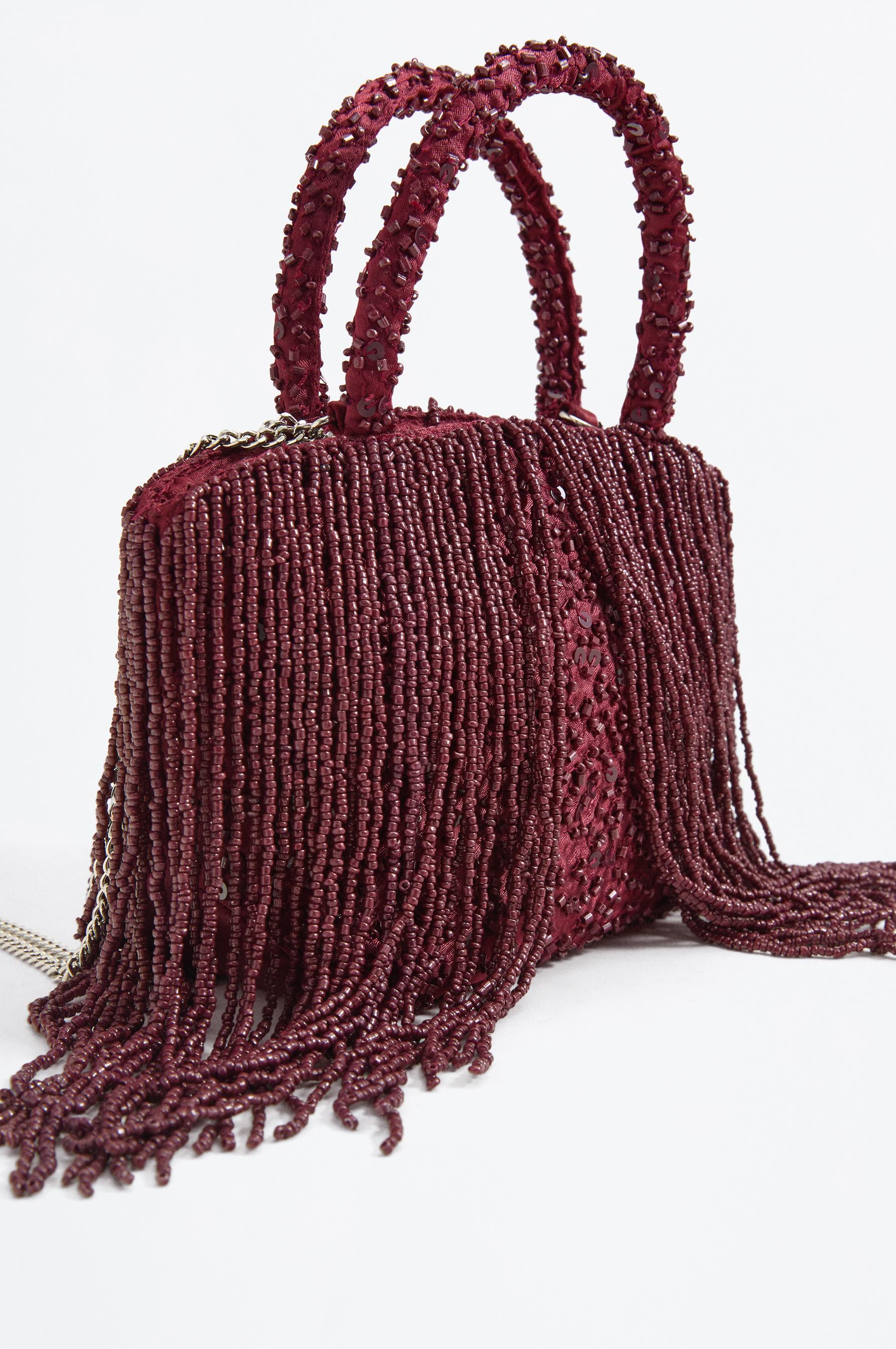 Mini shopper bag with beads and fringe — BURGUNDY
