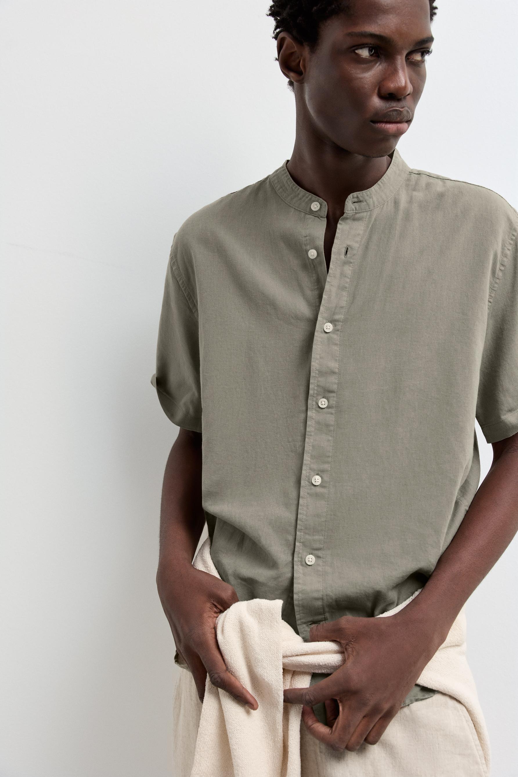 Linen-cotton stand collar shirt — PALE KHAKI