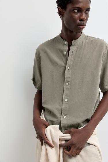 Linen-cotton stand collar shirt — PALE KHAKI 5