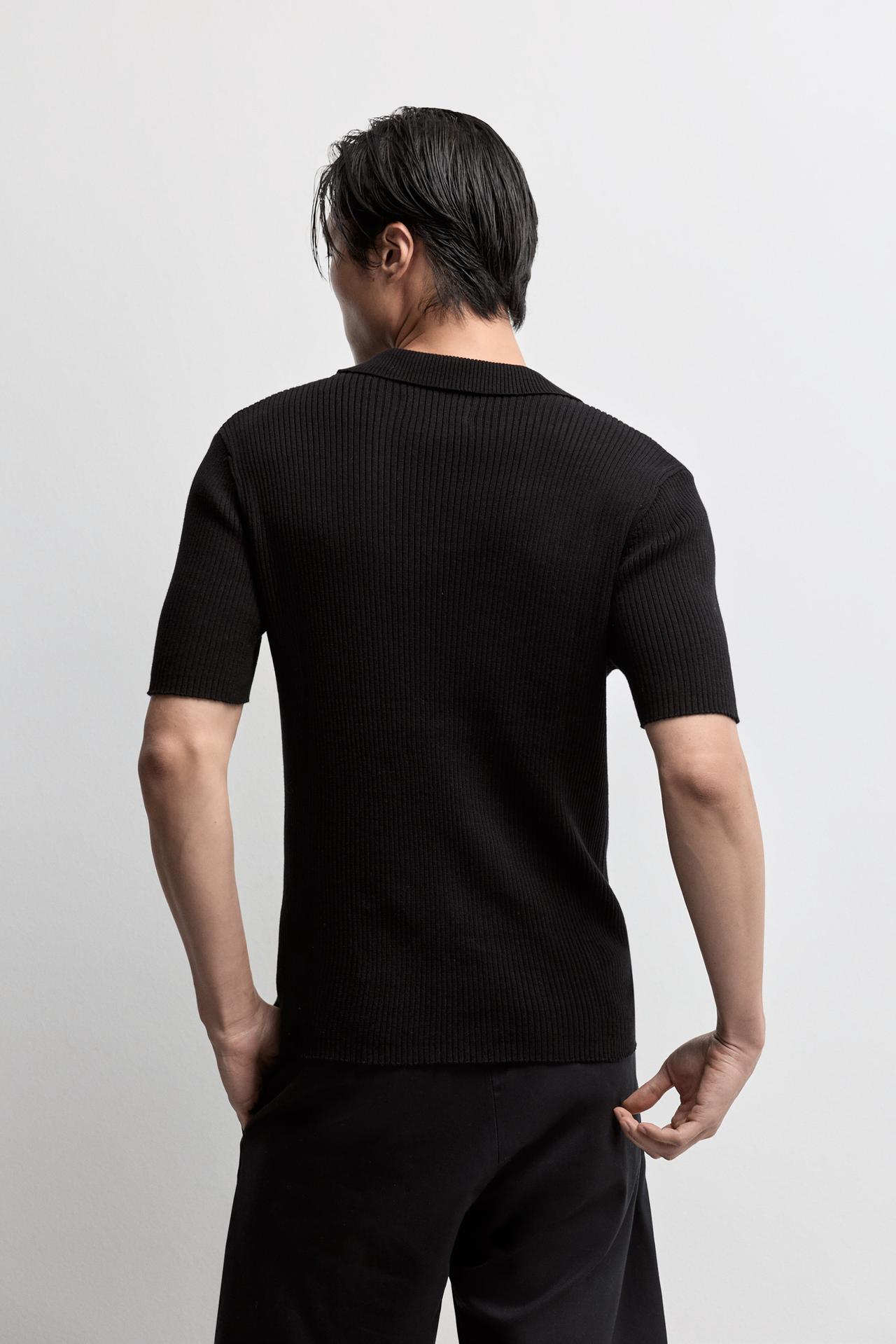 Ribbed knit polo shirt — BLACK