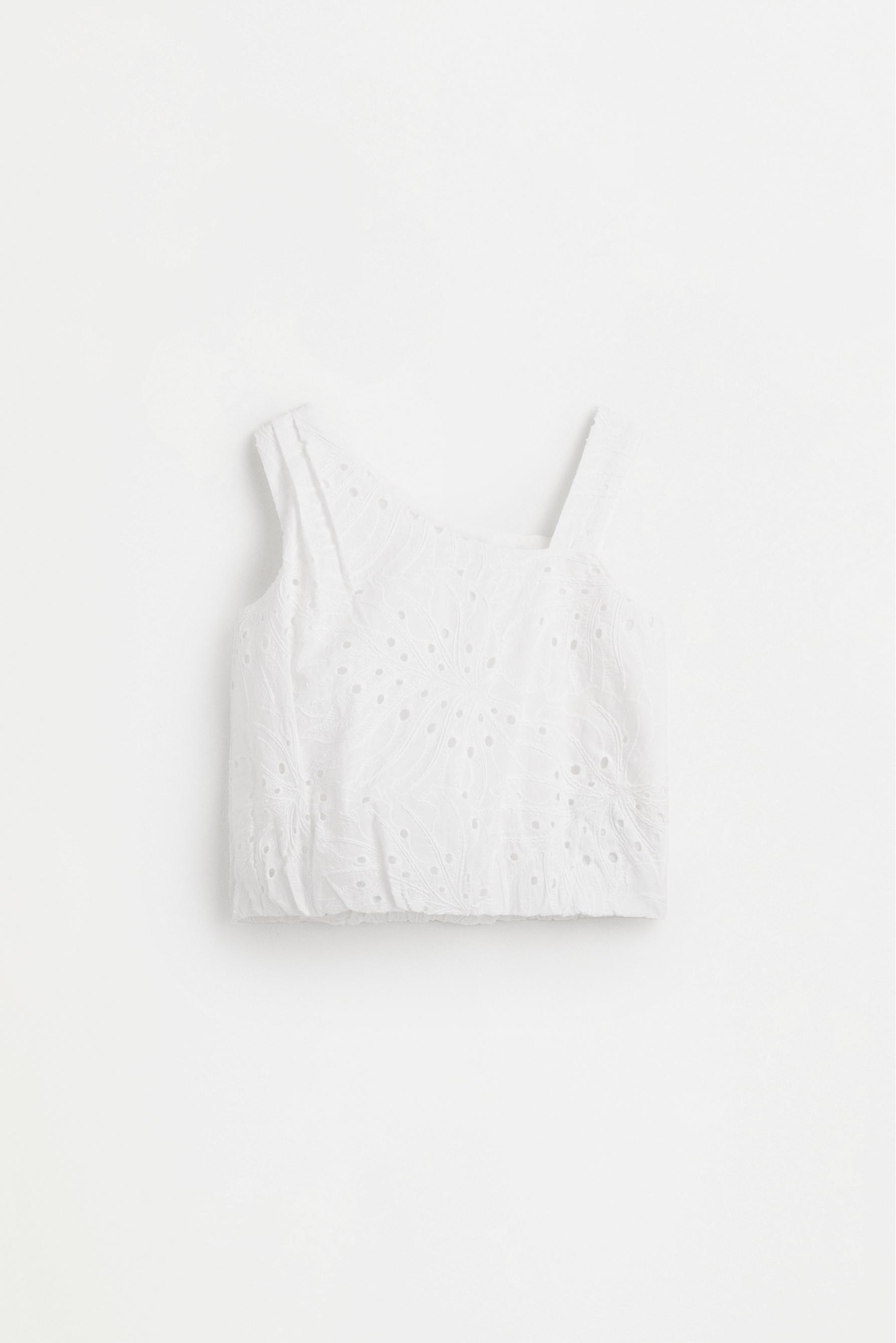 Swiss embroidery asymmetrical top — WHITE