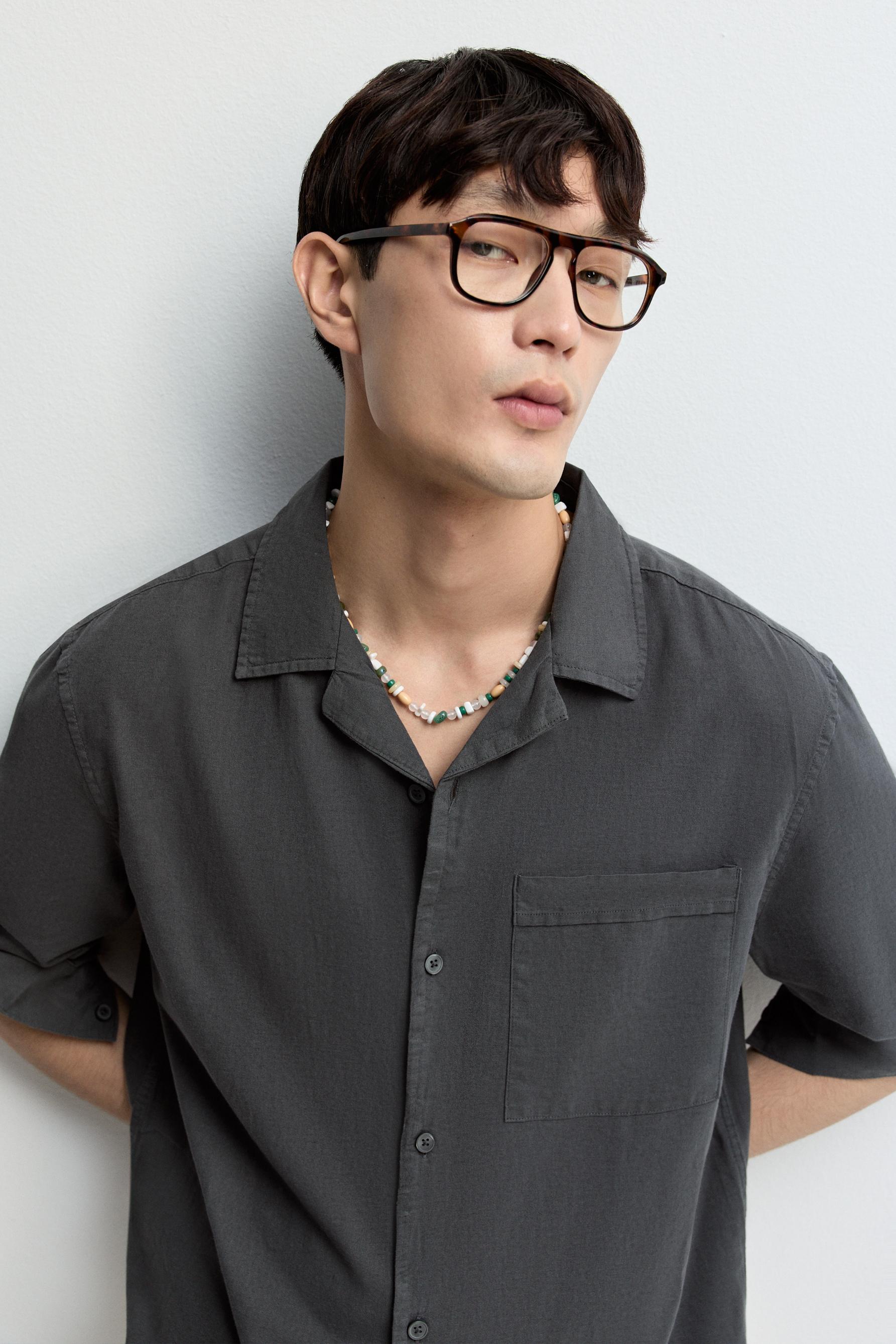 Linen-cotton resort shirt — PETROL BLUE