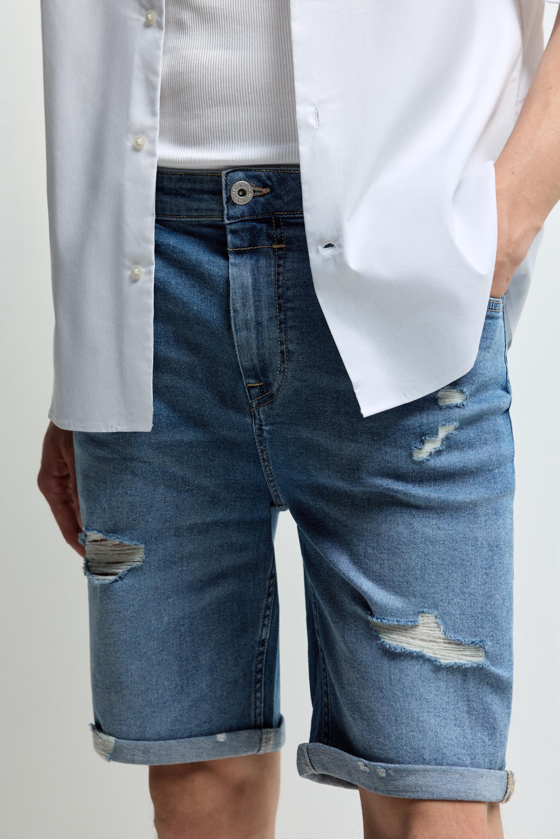 Distressed skinny denim Bermuda shorts — FADED SKY BLUE