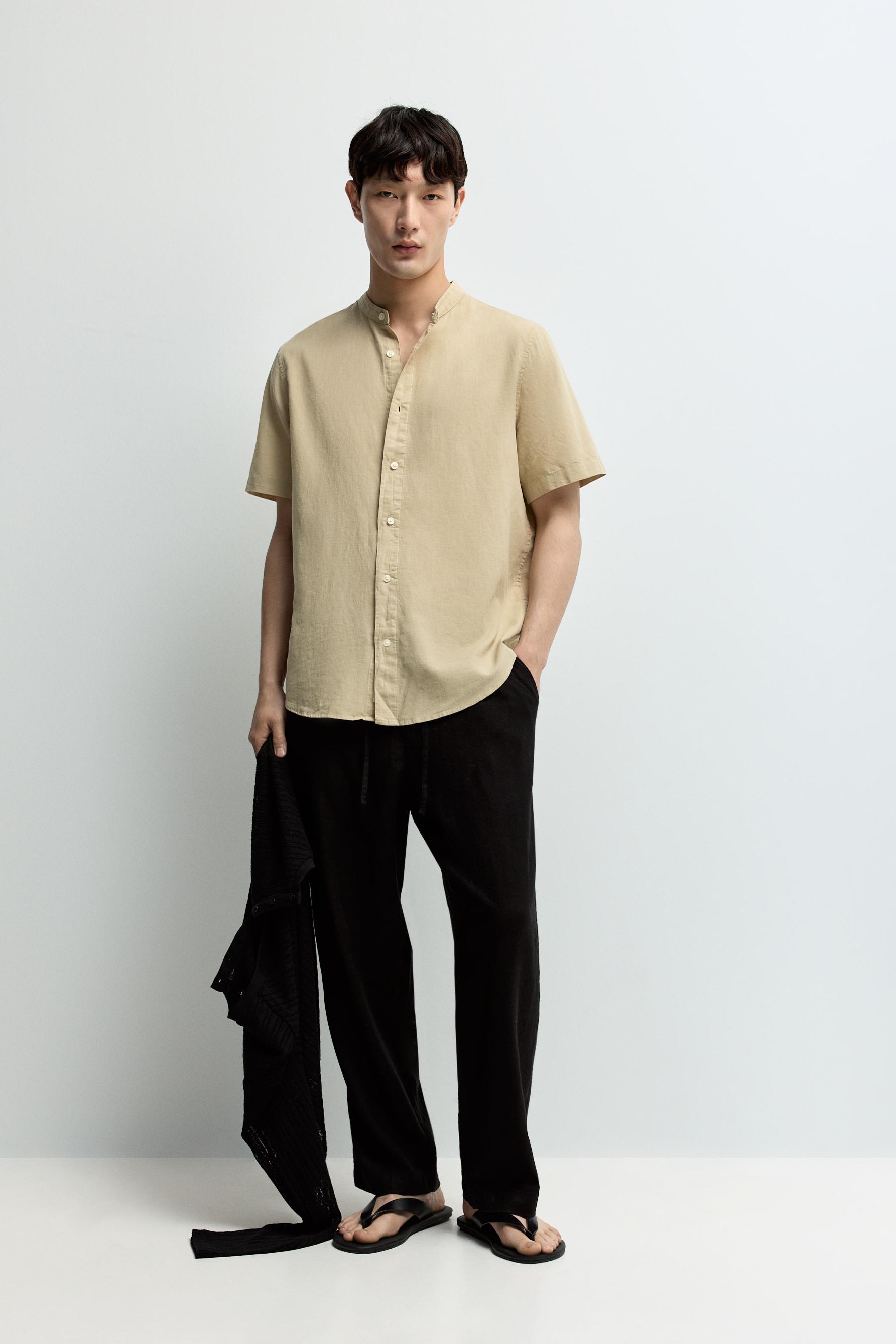 Linen-cotton stand collar shirt — YELLOW
