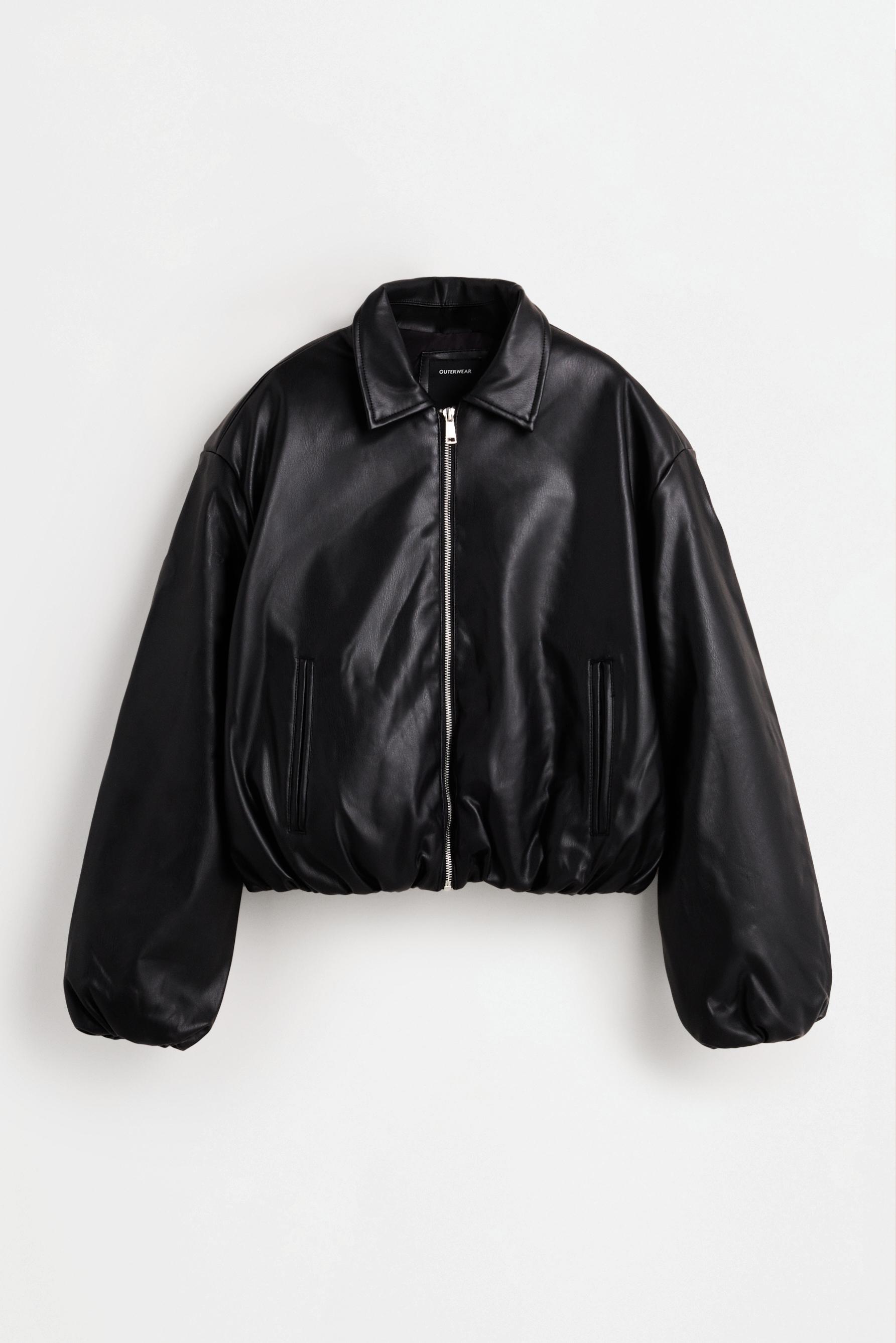 Voluminous leather effect bomber jacket — BLACK