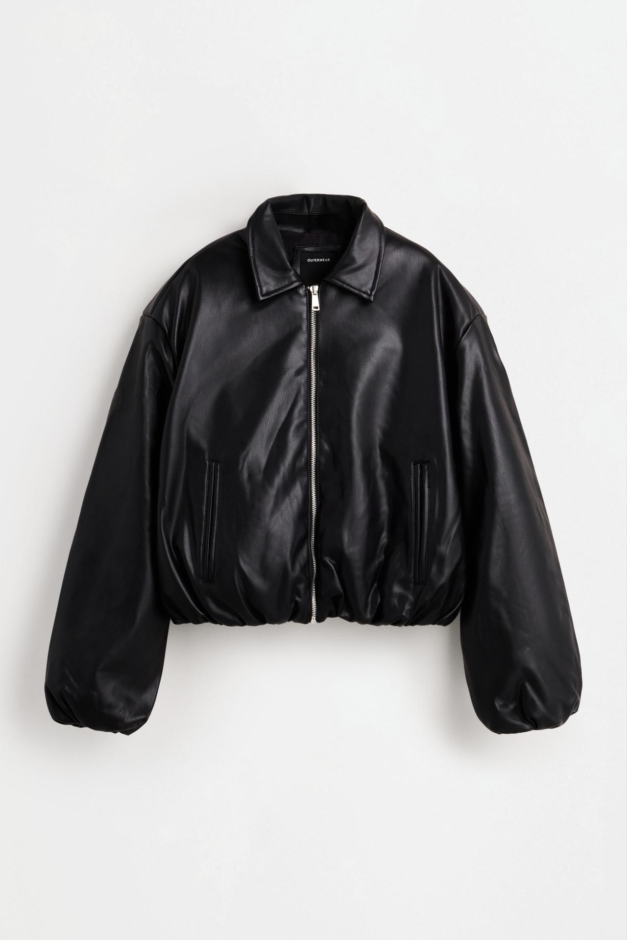 Voluminous leather effect bomber jacket — BLACK