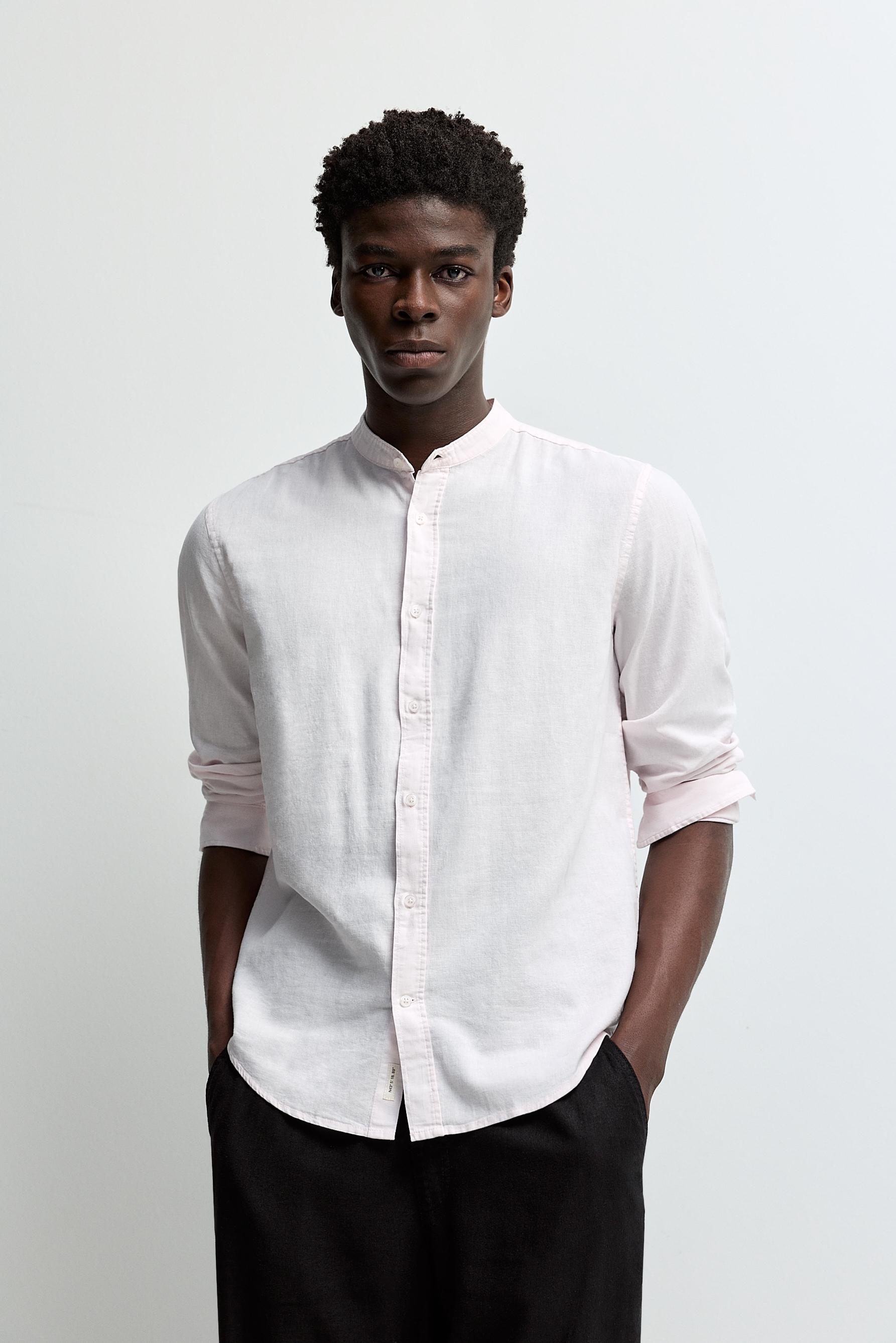 Linen and cotton stand collar shirt — NEON PINK