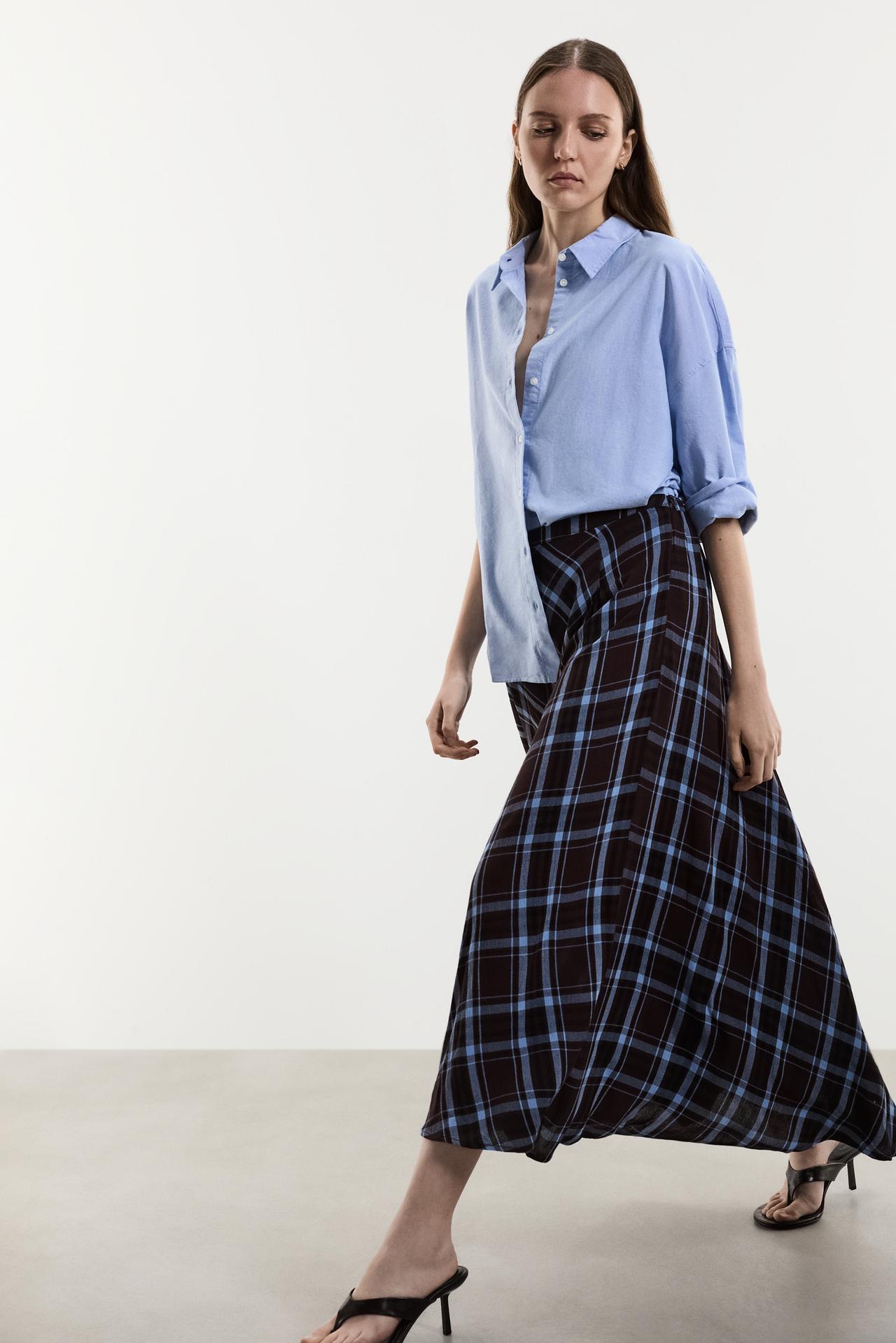 Plaid midi skirt — BROWN/BLUE