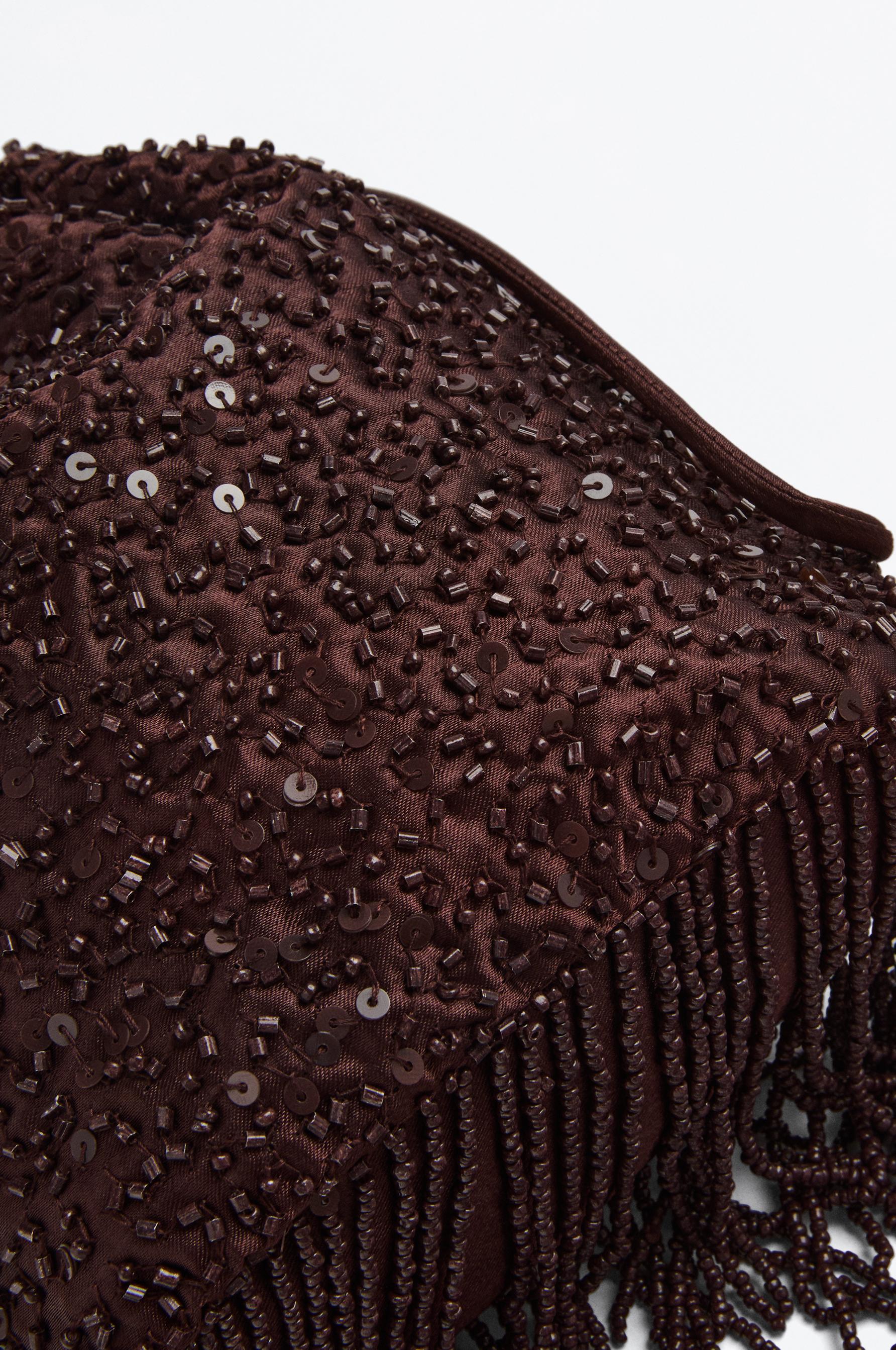 Beaded crossbody bucket bag — BROWN