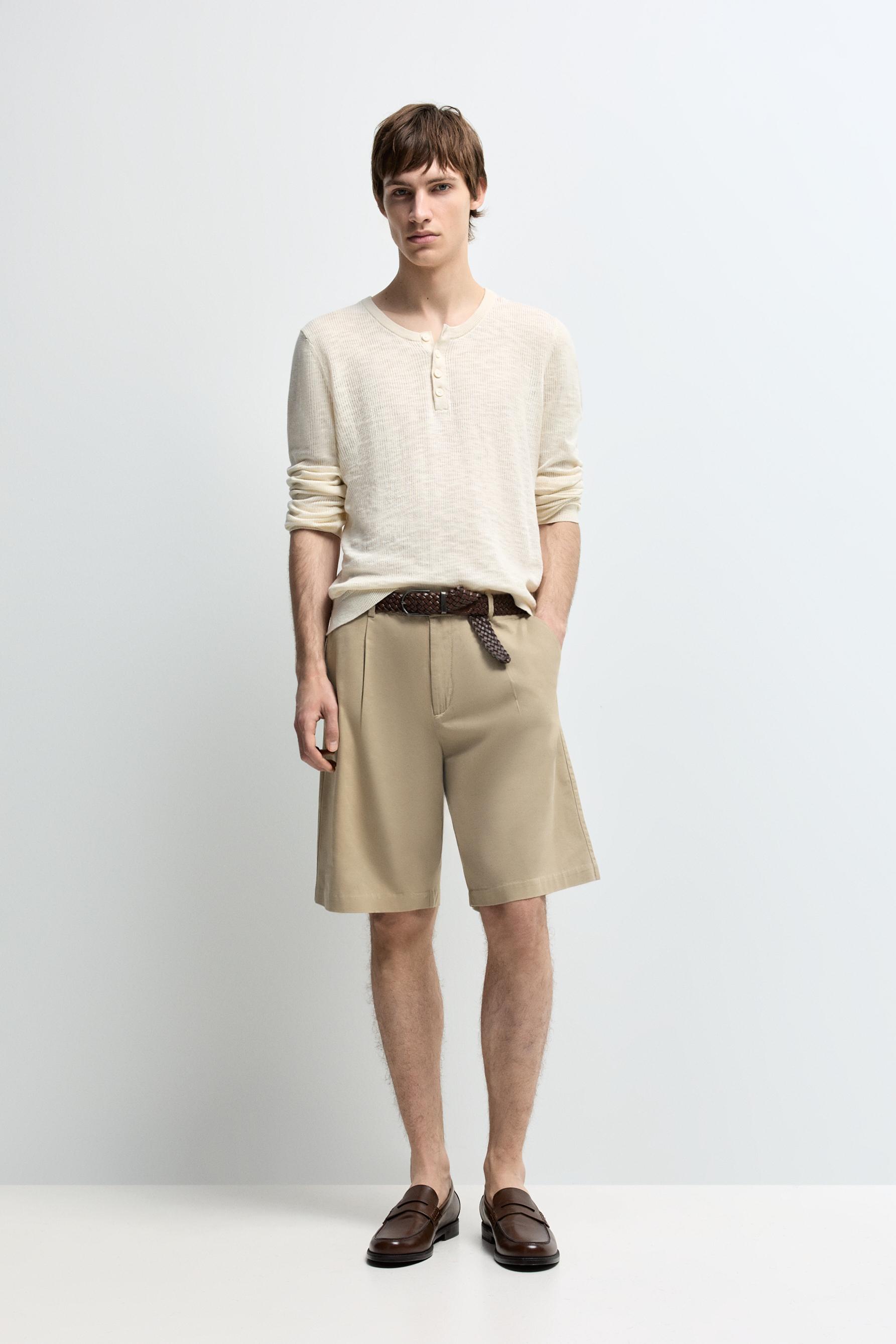 Pleated chino Bermuda shorts — SAND