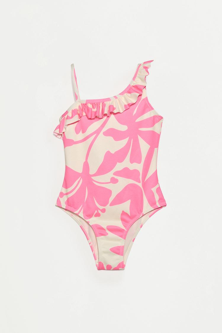 Tropical print asymmetric swimsuit — FUCHSIA/WHITE