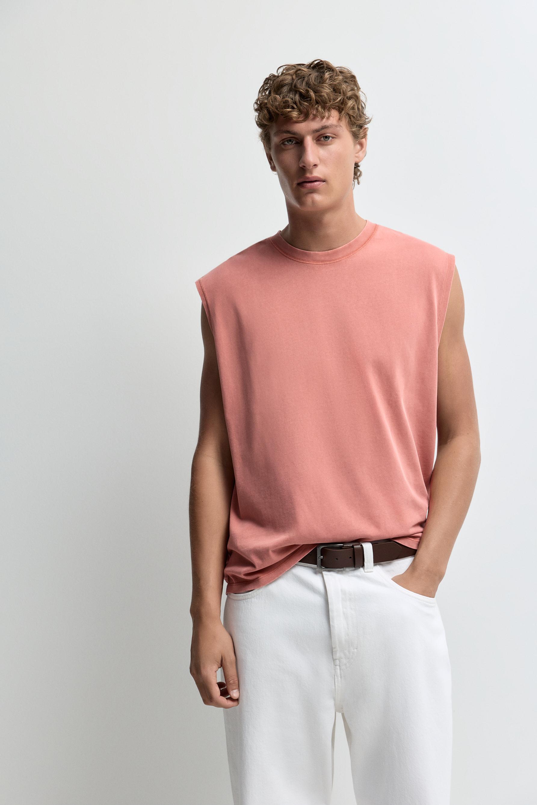 Faded-effect sleeveless T-shirt — BRIGHT CORAL
