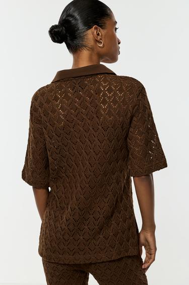 Crochet-effect polo shirt — BROWN 4