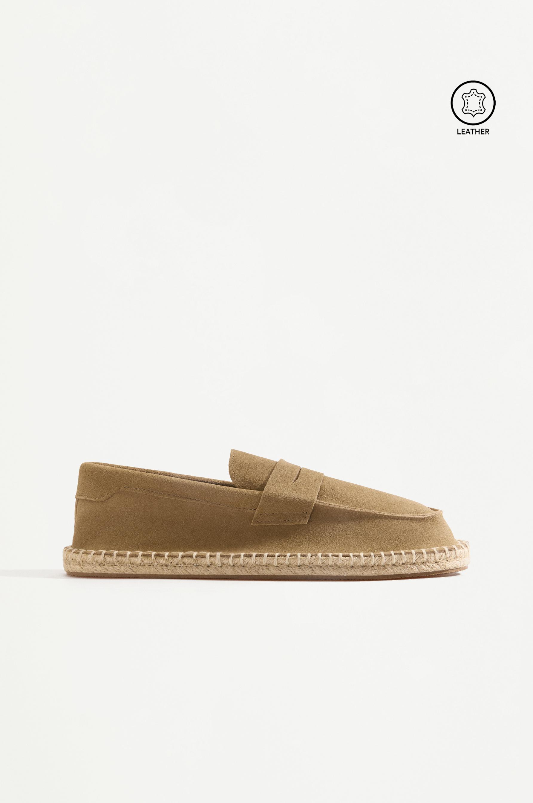 Leather moccasin with jute-effect sole — BEIGE