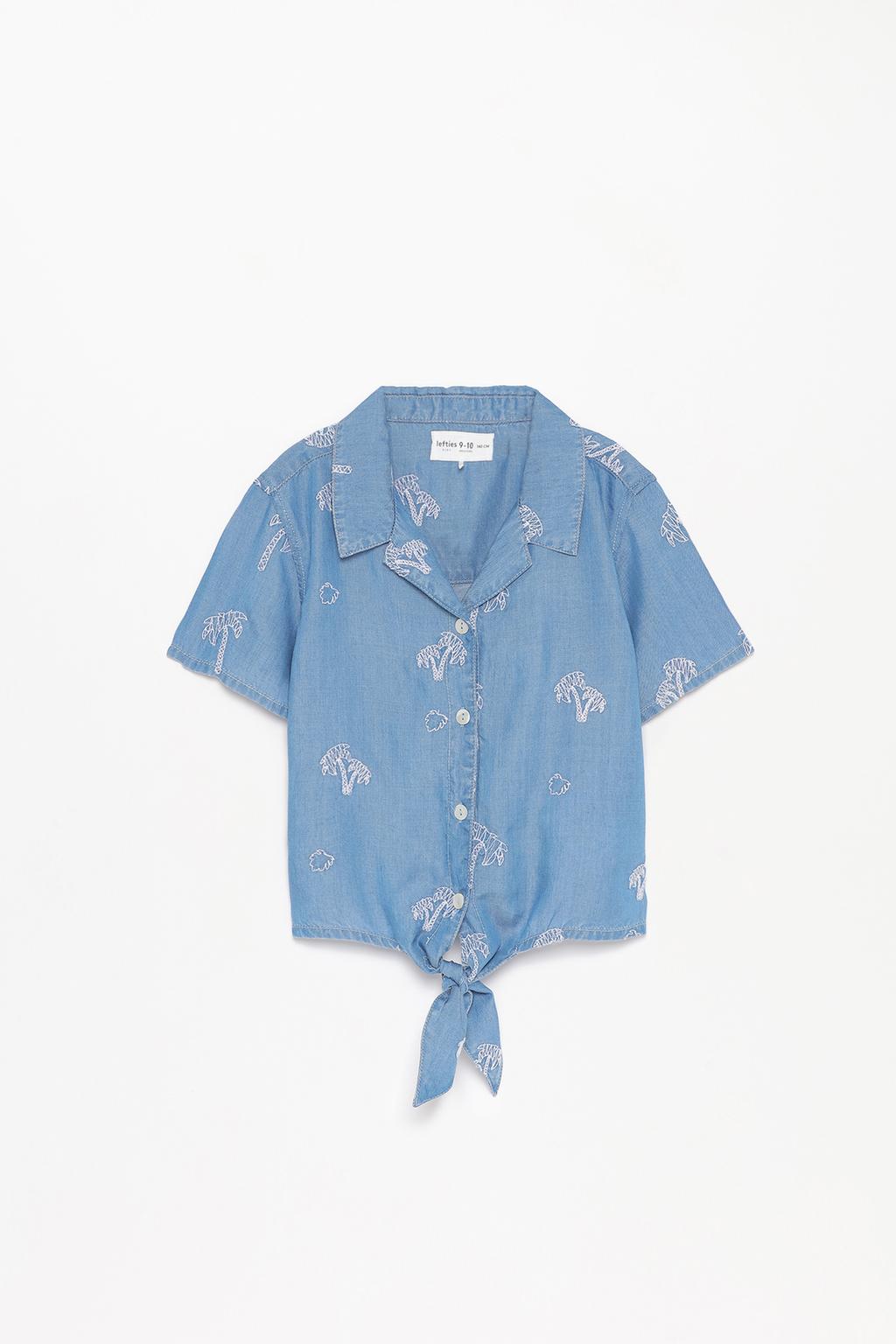 Embroidered denim shirt with knot