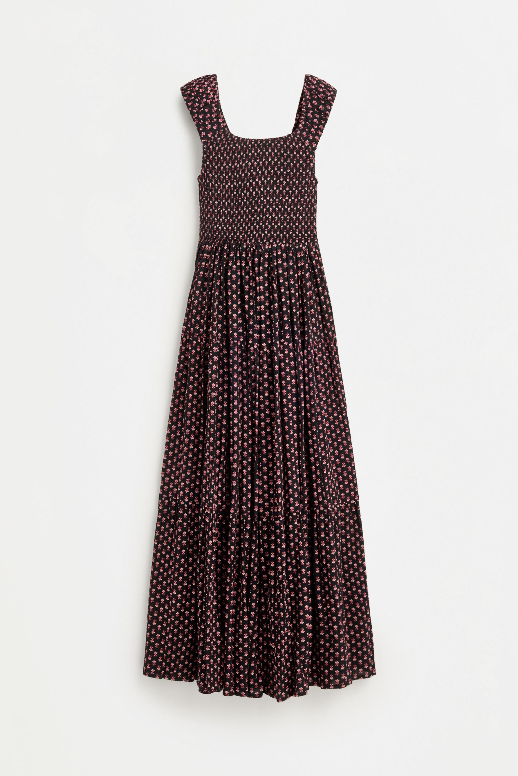 Smocked midi dress — RED/BLACK