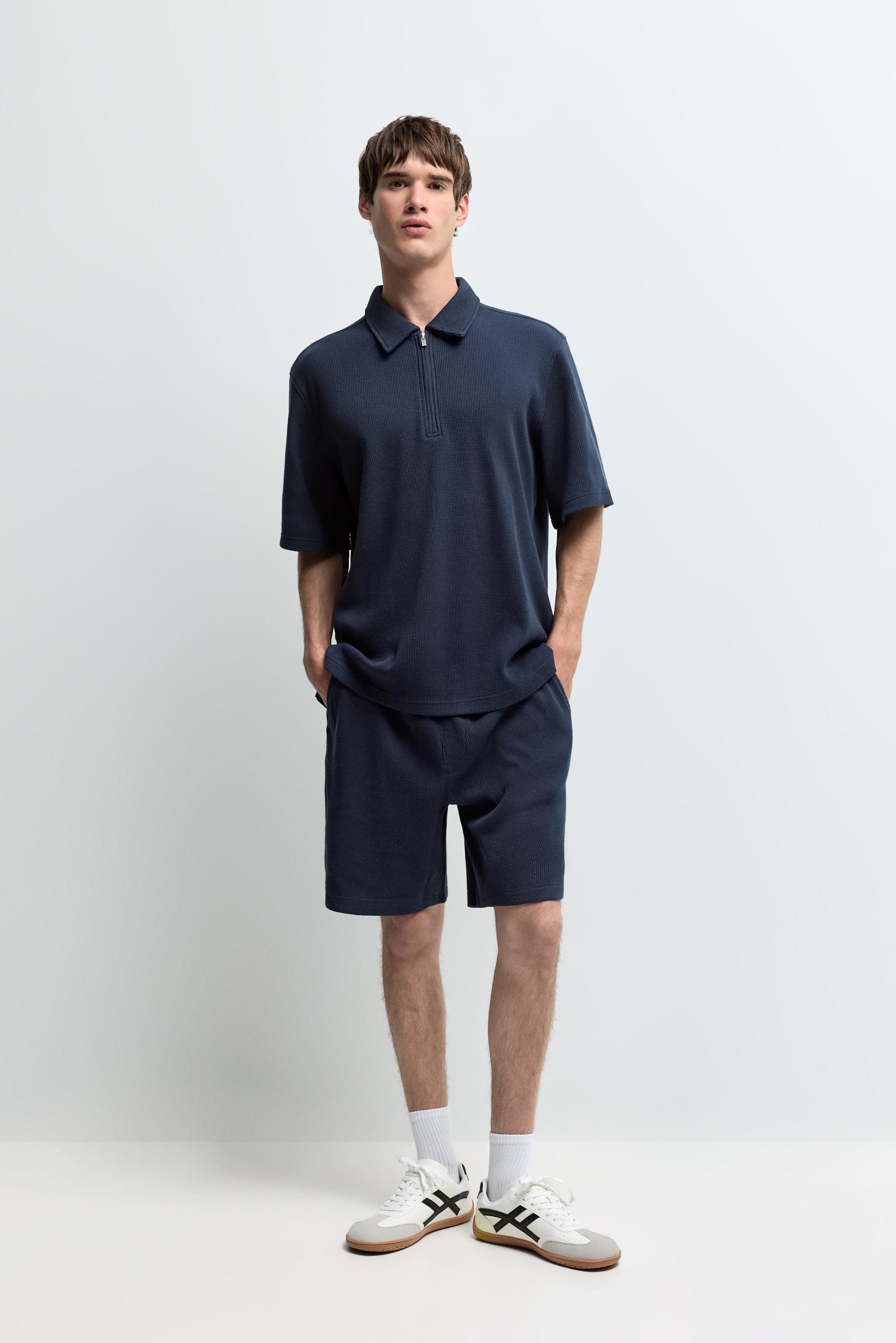Waffle texture polo shirt — NAVY