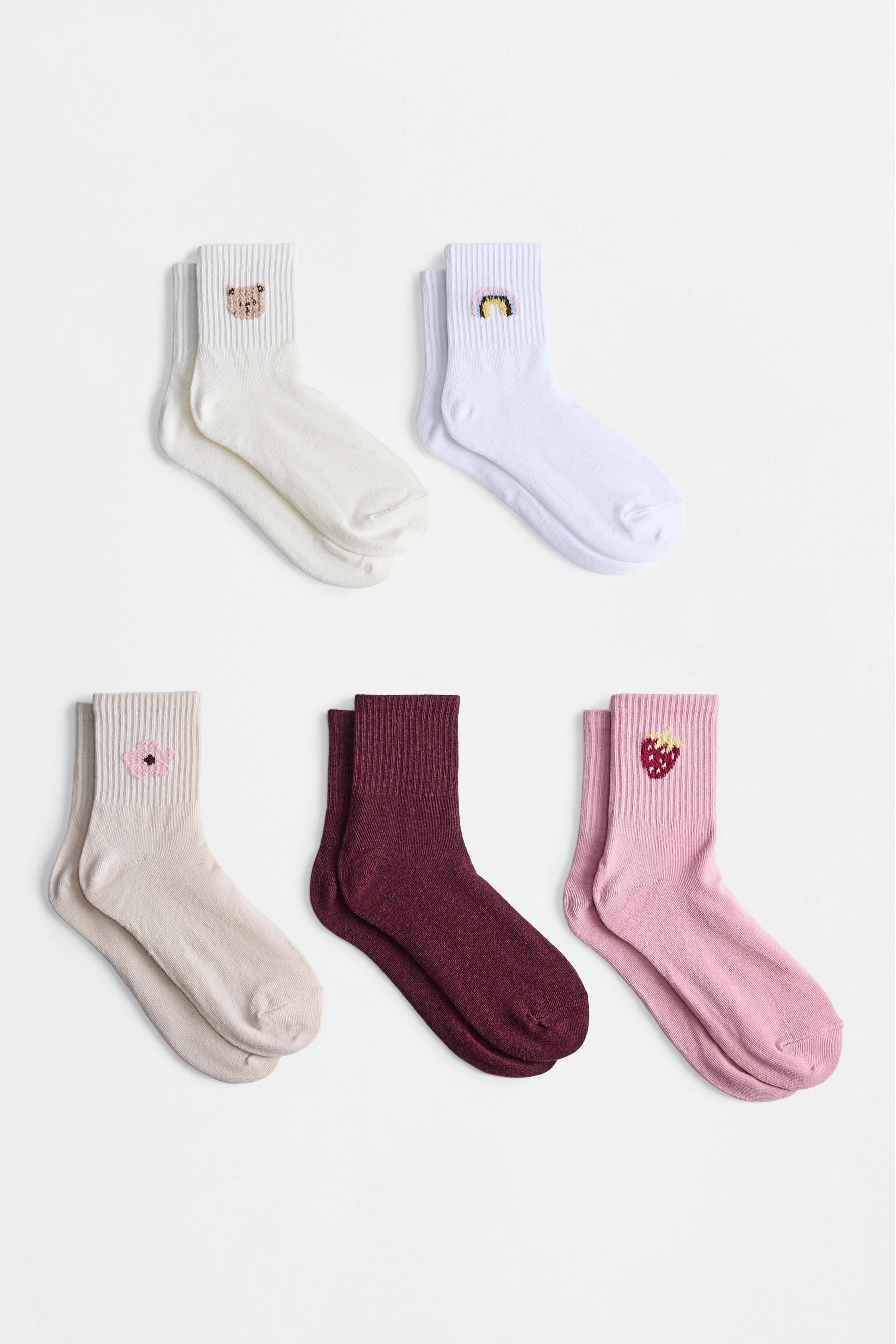 Embroidered Short Socks (5-Pack) — BEIGE